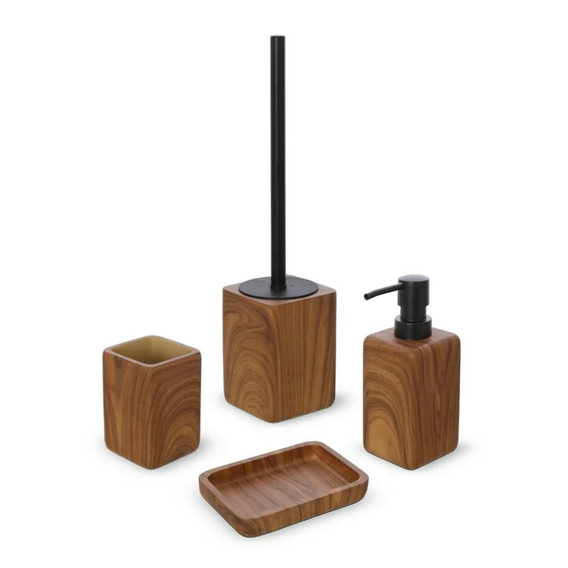 Set accessori bagno BathCore serie Roots - Nero/Effetto legno (4 pezzi)