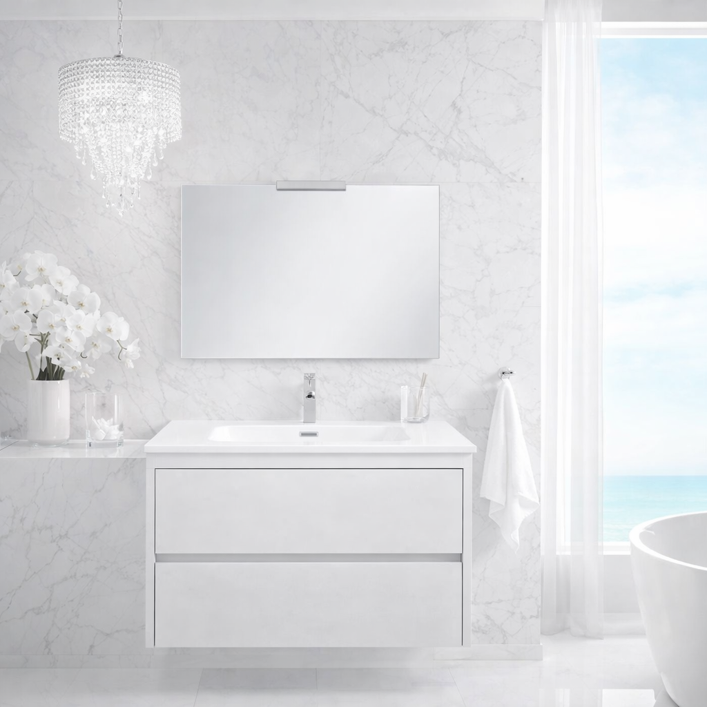 Mobile bagno sospeso Cubi&Co serie Aura con doppio cassetto, lavabo e specchio con LED - varie finiture 20