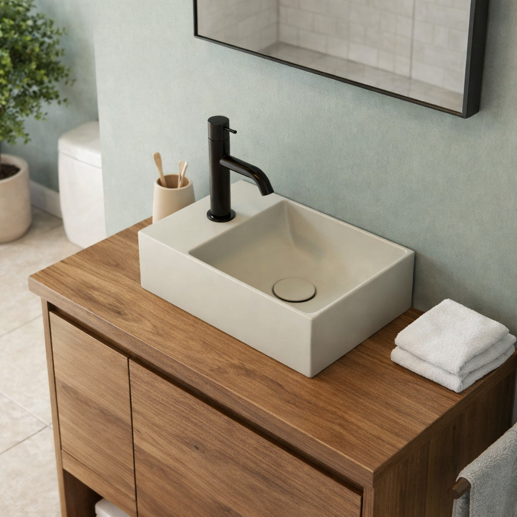 Lavabo da appoggio o sospeso T-Edge 40x25 cm ceramica bianca lucida - Foro sinistra