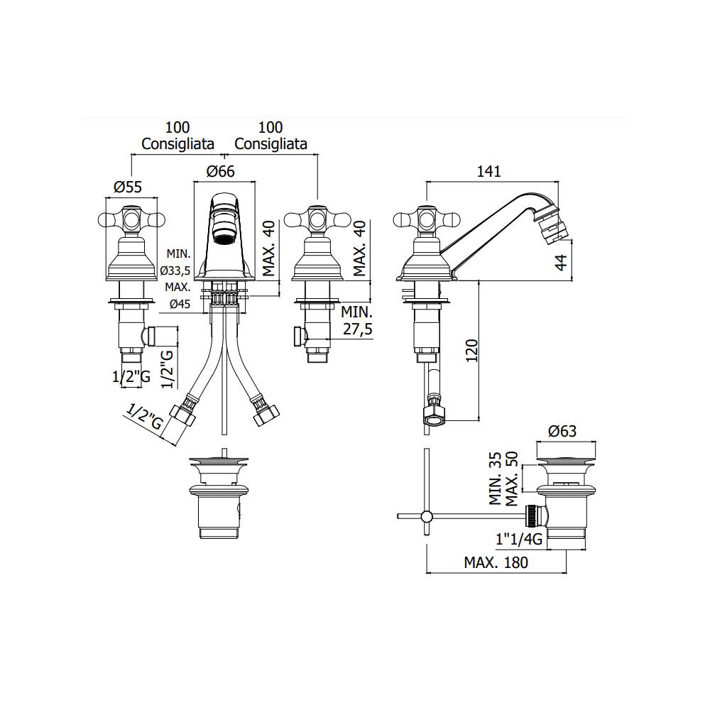  Batteria bidet con bocca fissa serie Iris modello IRV118BR Bronzo Paffoni by CeramicStore | Lo specialista del tuo bagno