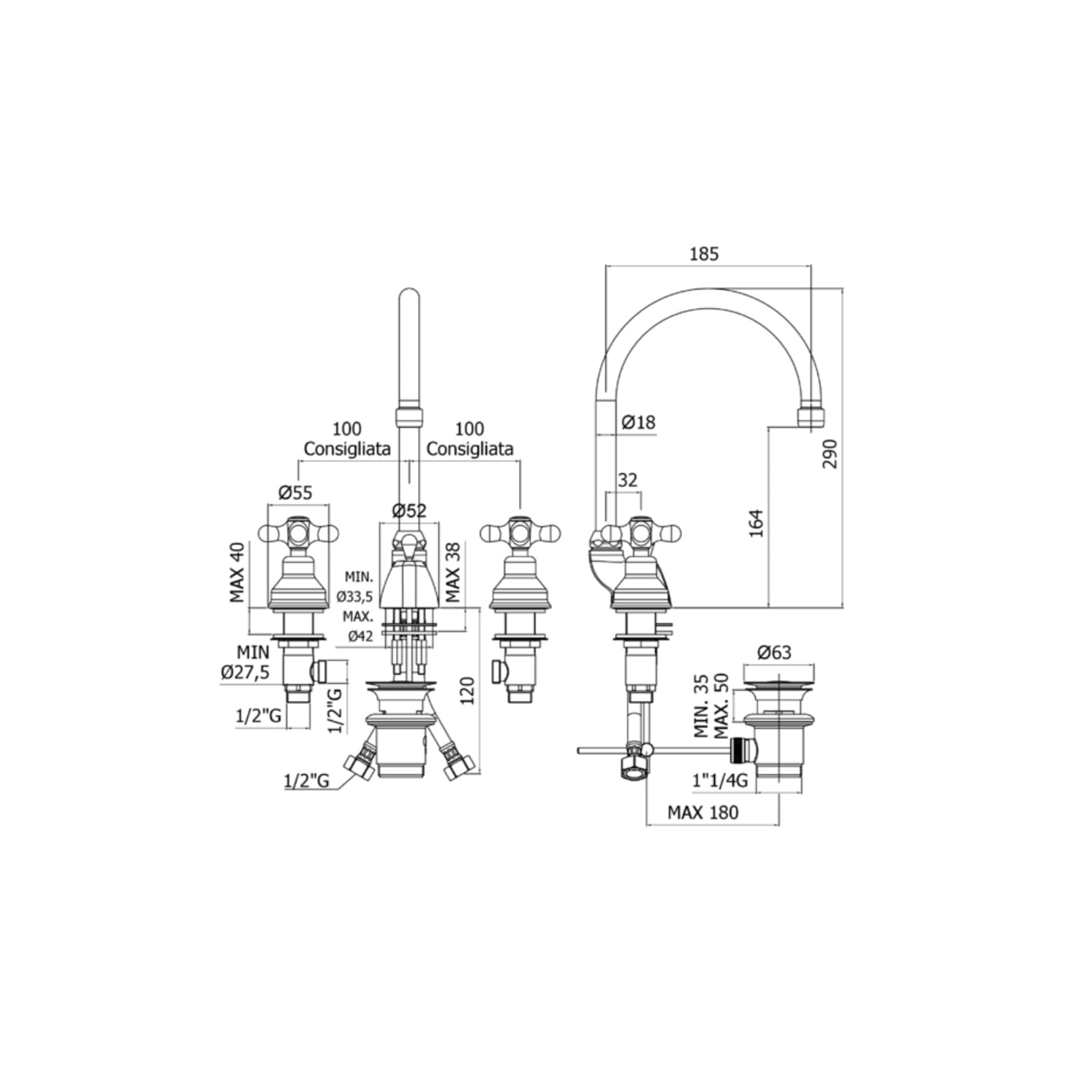  Batteria lavabo a 3 fori con canna orientabile Paffoni serie Viola - Ramato by CeramicStore | Lo specialista del tuo bagno