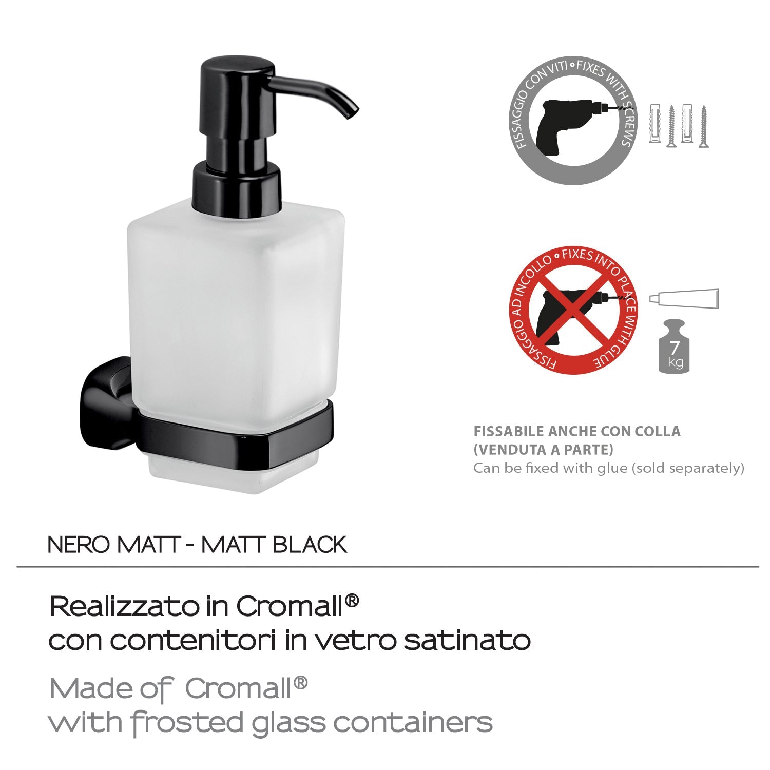  Dispenser sapone a parete in Acciaio Inox e Vetro Satinato Gedy serie Stelvio - Nero Matt