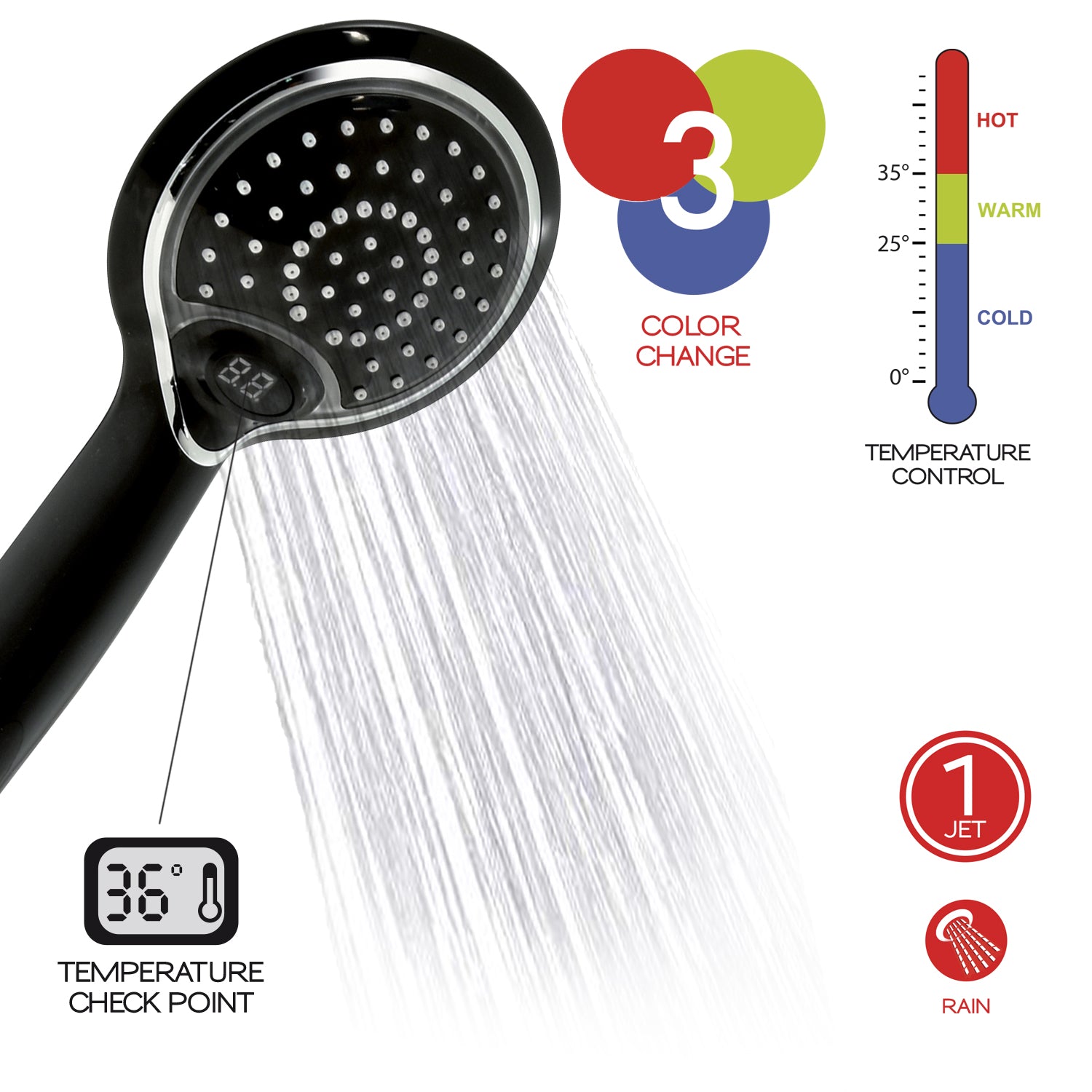  Doccetta 1 getto con led a tre colori e controllo temperatura modello Thermo Light 02 di Gedy - Nero by CeramicStore | Lo specialista del tuo bagno