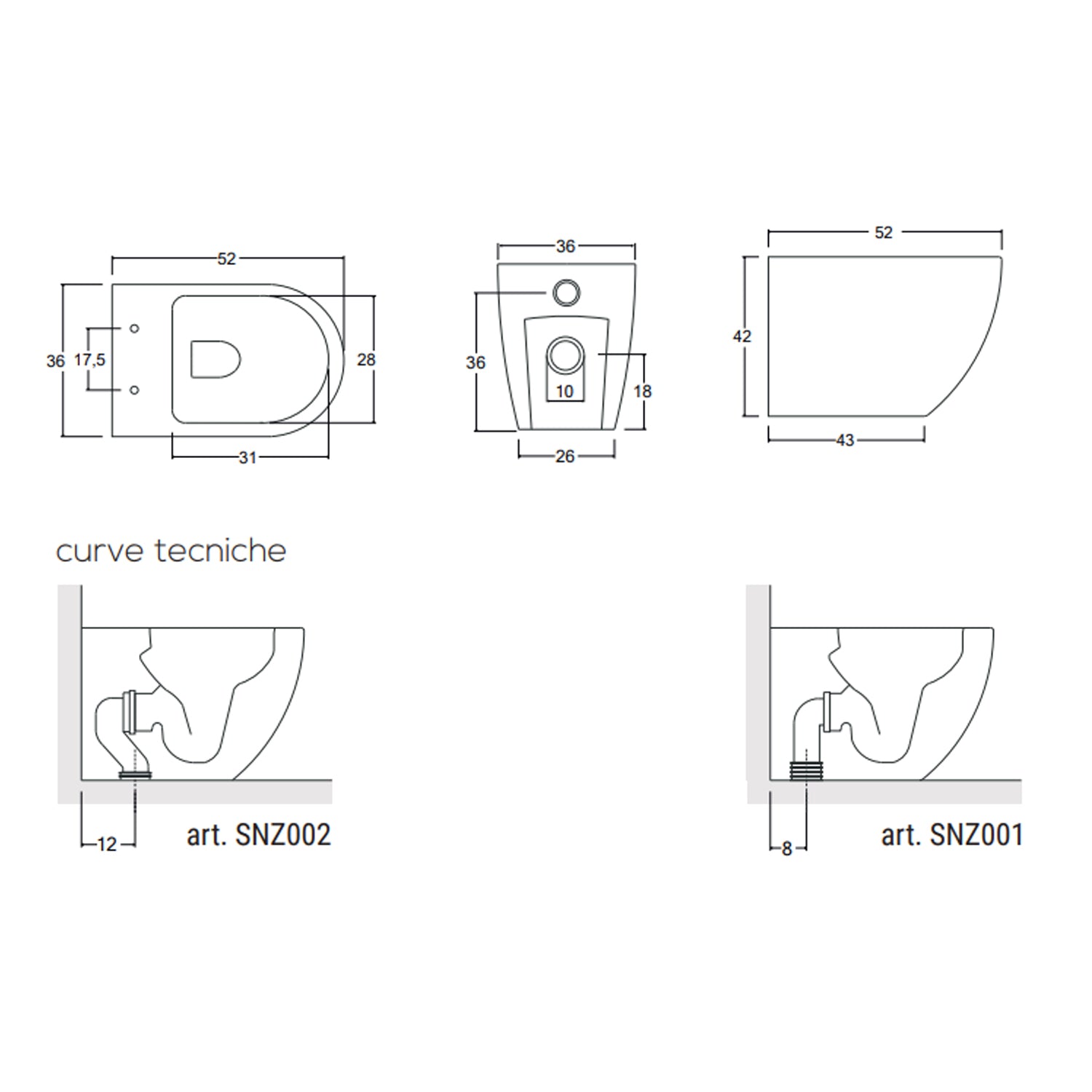 Sanitari filomuro senza brida con copriwater soft close BathCore serie Nilo L 36 x P 52 x H 42 cm - Bianco lucido 4