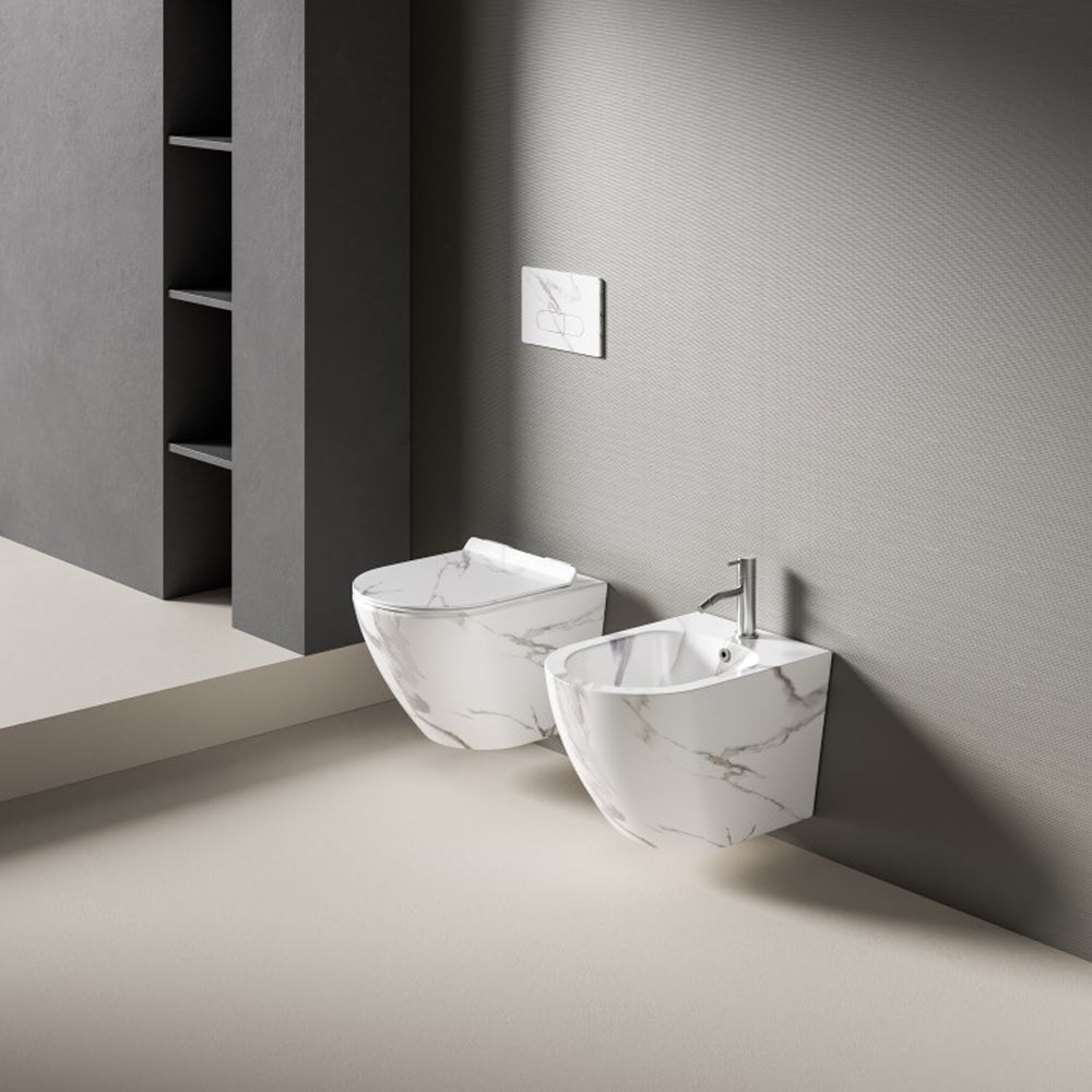 Coppia sanitari sospesi Vaso rimless e bidet serie LineaM Bathcore -Marmorizzato bianco