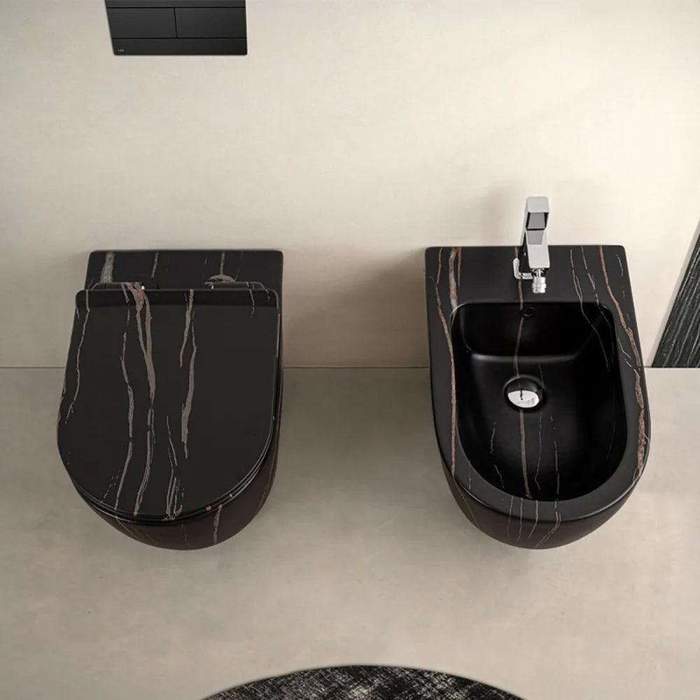 Coppia Sanitari Filomuro Wc con Scarico Tornado + Bidet Bathcore Serie LineaM Ceramica - Marmorizzato Nero 3