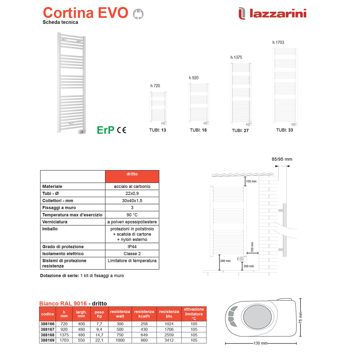  Termoarredo elettrico con termostato digitale Lazzarini Cortina EVO 1375X480 Bianco by CeramicStore | Lo specialista del tuo bagno