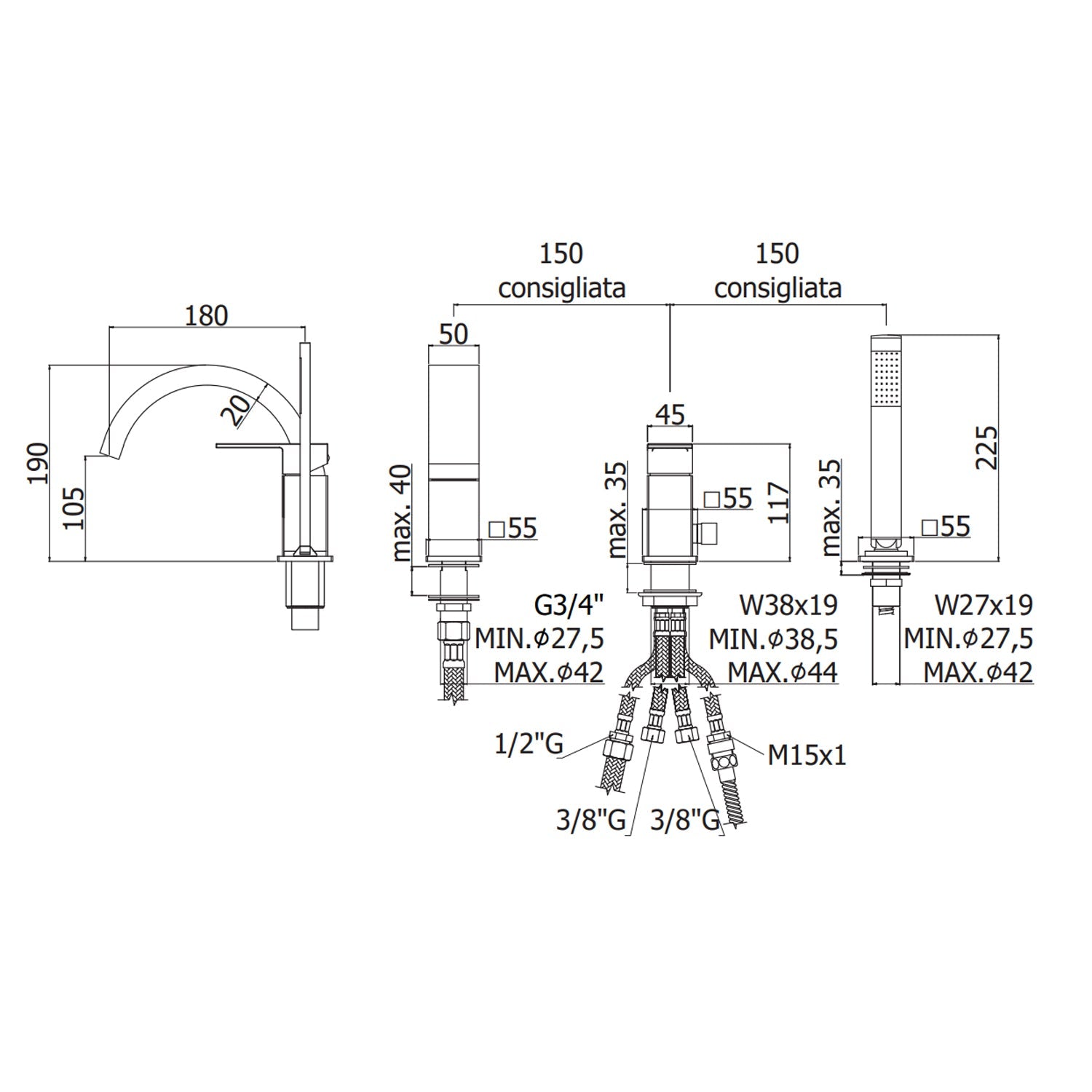  Miscelatore bordo vasca Paffoni Elle con set doccia e bocca di erogazione - Nero Opaco by CeramicStore | Lo specialista del tuo bagno