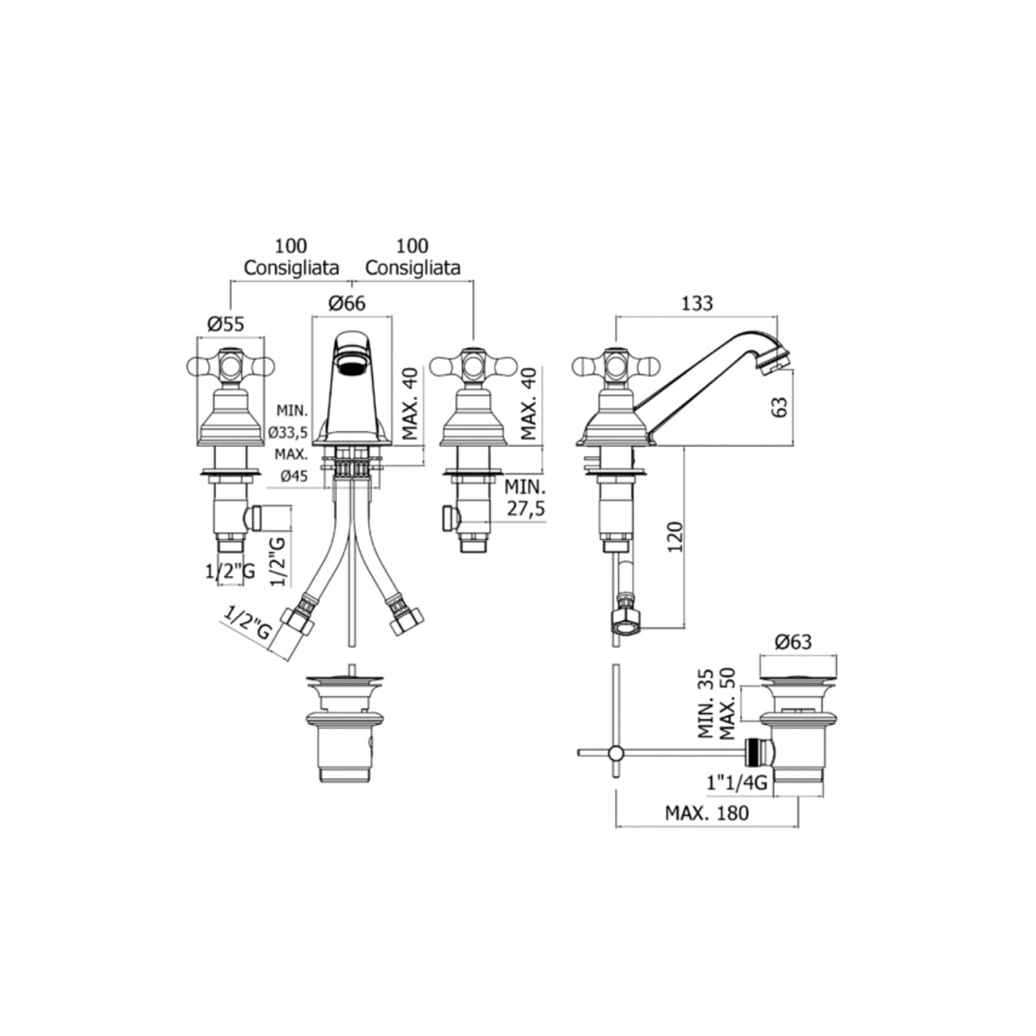  Batteria lavabo a 3 fori con scarico automatico Paffoni serie Viola - Bronzato by CeramicStore | Lo specialista del tuo bagno