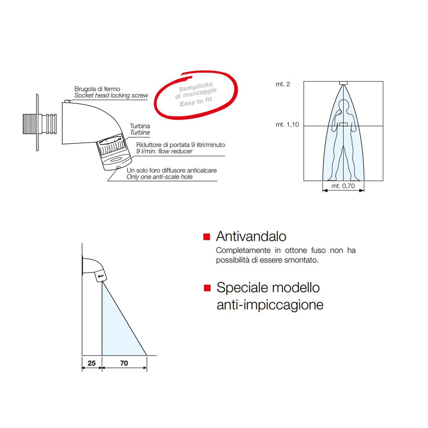 Braccio doccia antivandalo con soffione incorporato in ottone cromato - DocciaGo 3