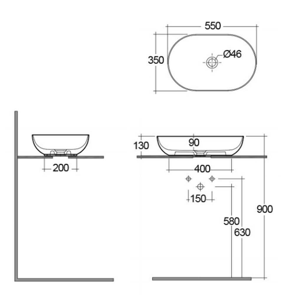  Lavabo da appoggio ovale bordi sottili Sensation in ceramica 55x35 cm- Beige Opaco