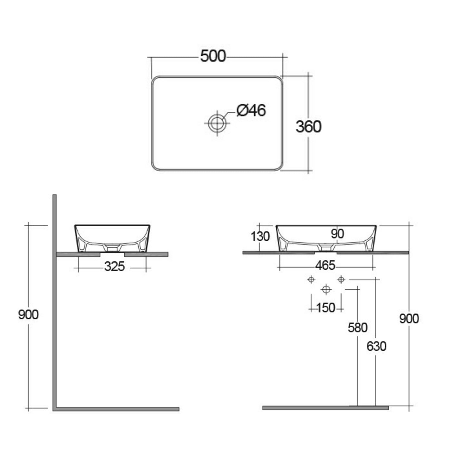  Lavabo da appoggio rettangolare bordi sottili Sensation in ceramica 50x36 cm- Bianco Opaco