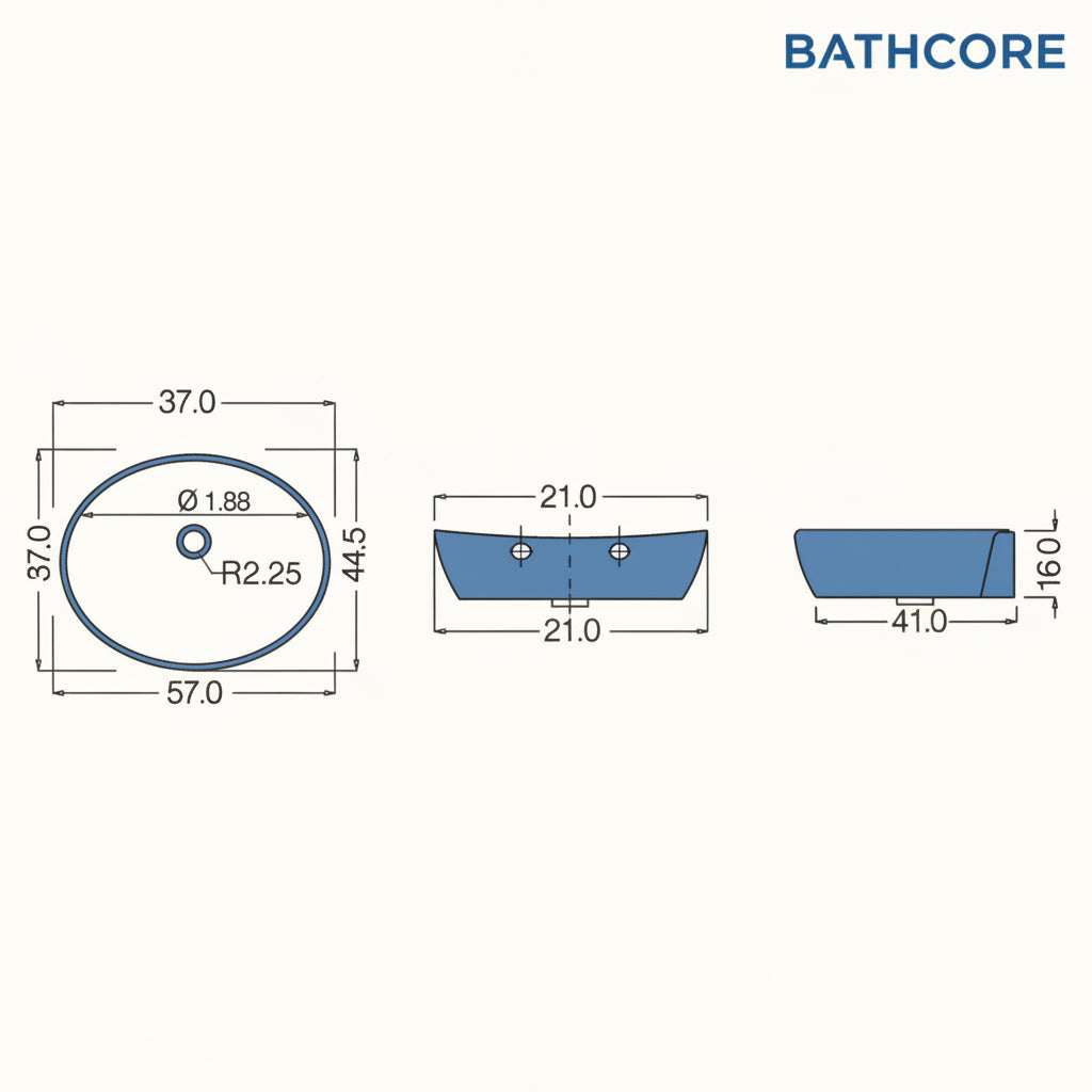  Lavabo d'appoggio monoforo BathCore Claim in ceramica bianca con troppo pieno cm 57x44