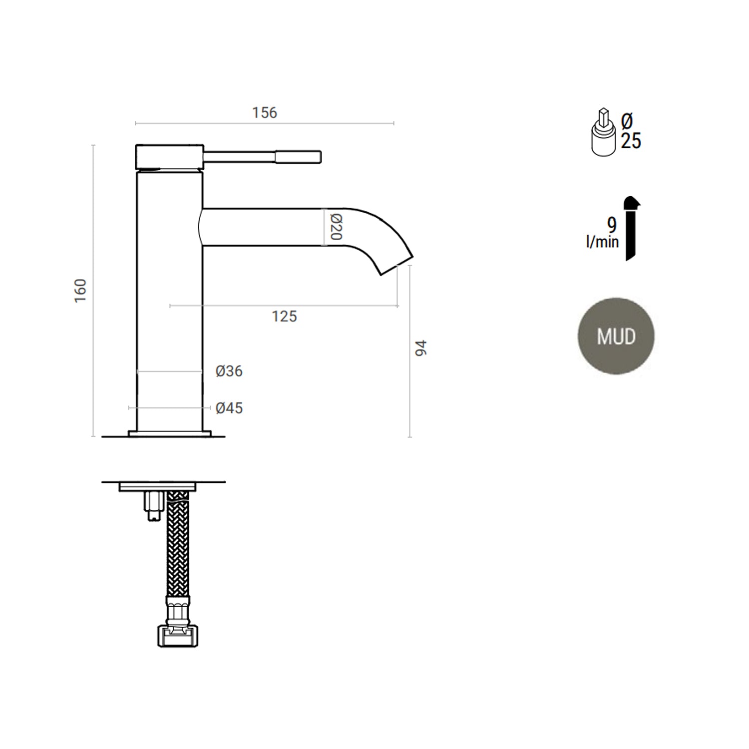 Miscelatore lavabo monocomando RubiFlux York Mud con piletta di scarico click-clack - Grigio Fango 3