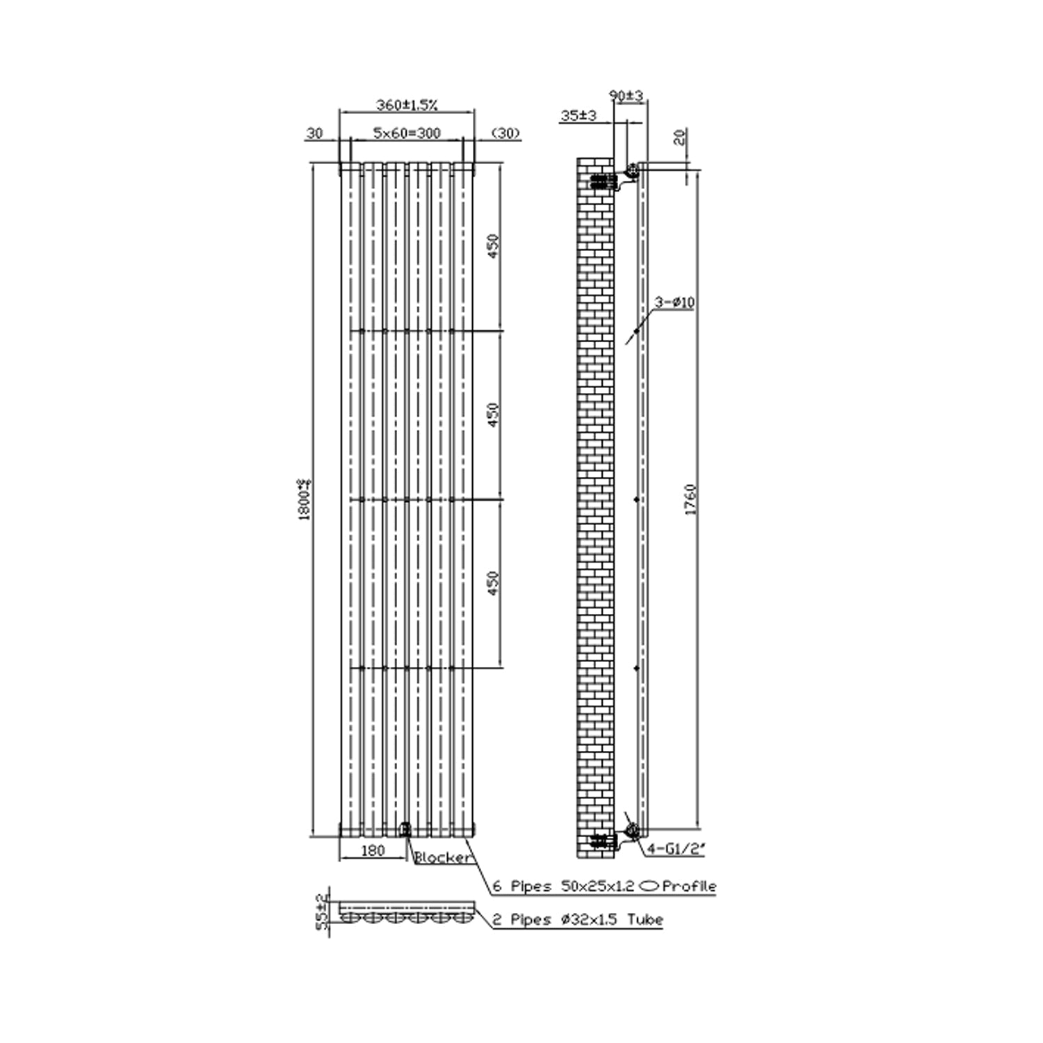  Termoarredo idraulico Singolo modello Piano 1800x360 mm e 667W - Bianco by CeramicStore | Lo specialista del tuo bagno