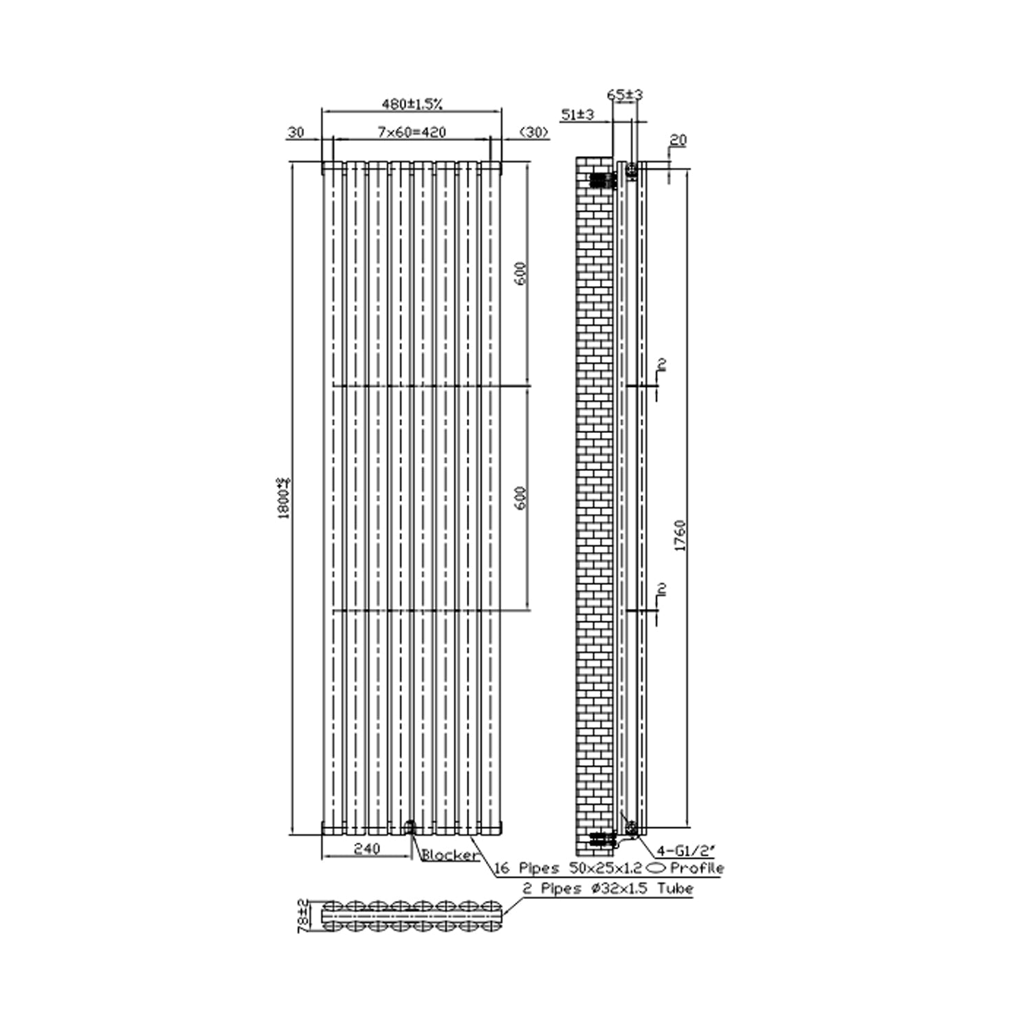  Termoarredo idraulico Doppio modello Piano 1800x480 mm e 1732W - Bianco by CeramicStore | Lo specialista del tuo bagno