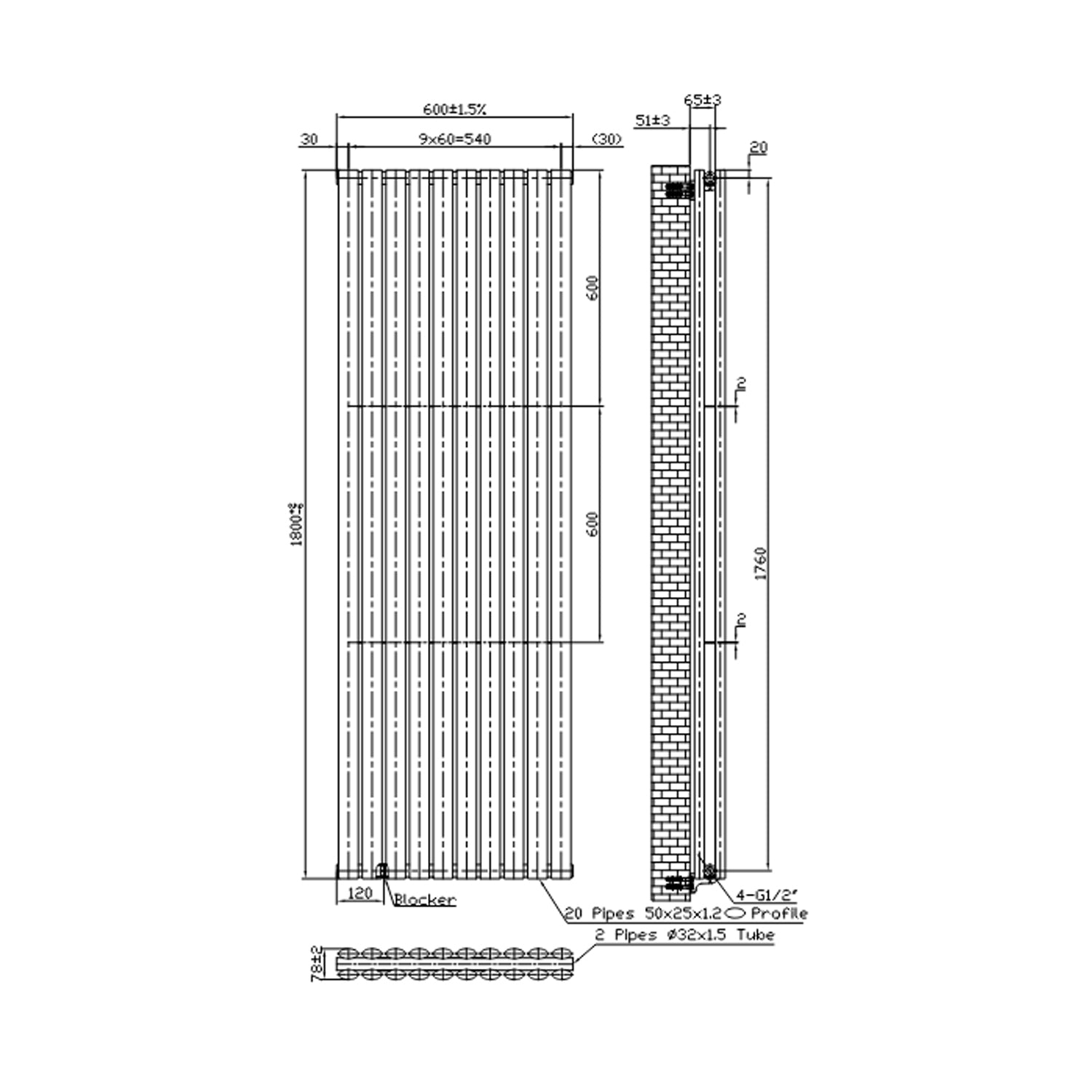  Termoarredo idraulico Doppio modello Piano 1800x600 mm e 2165W - Bianco by CeramicStore | Lo specialista del tuo bagno
