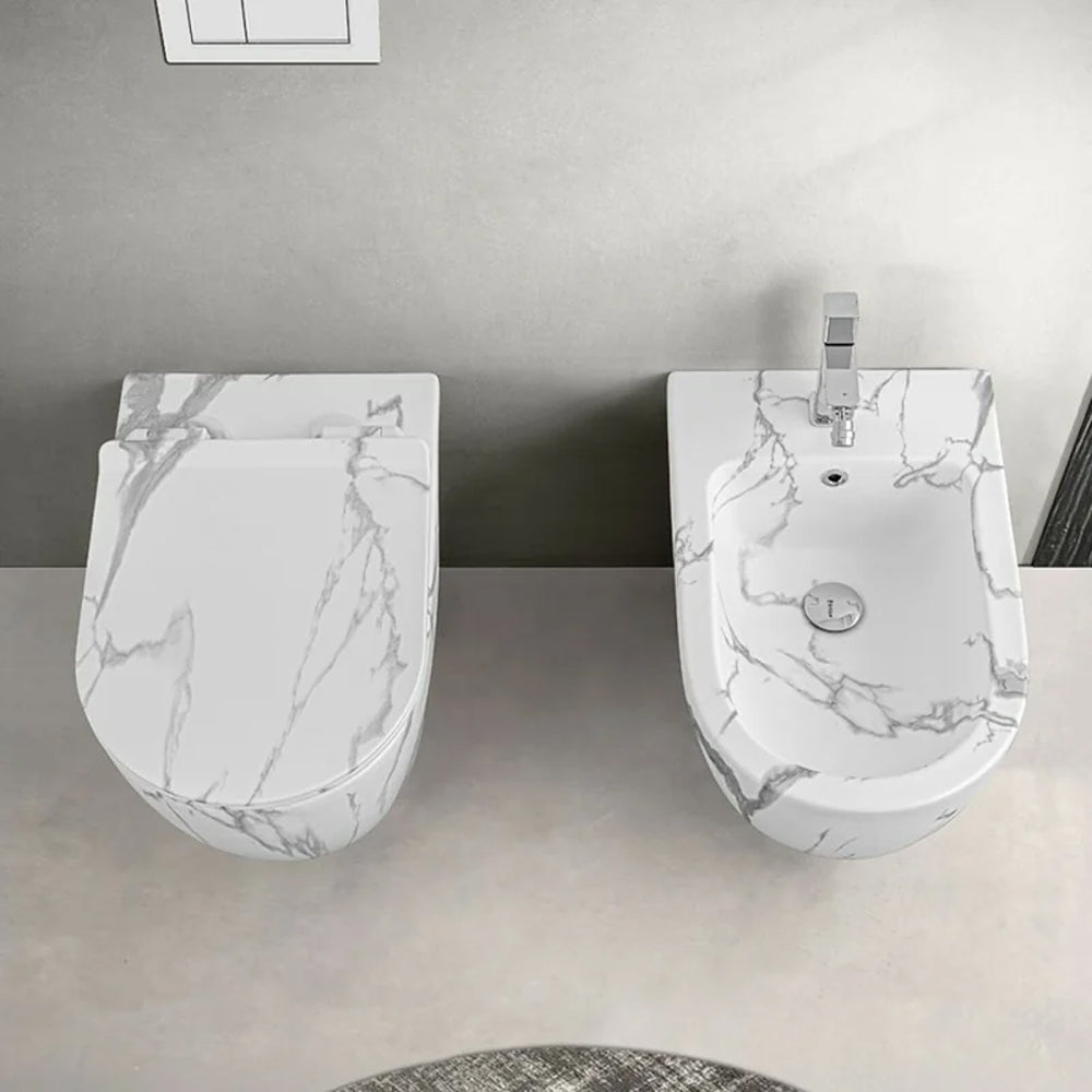 Coppia sanitari sospesi Vaso rimless e bidet serie LineaM Bathcore -Marmorizzato bianco 5