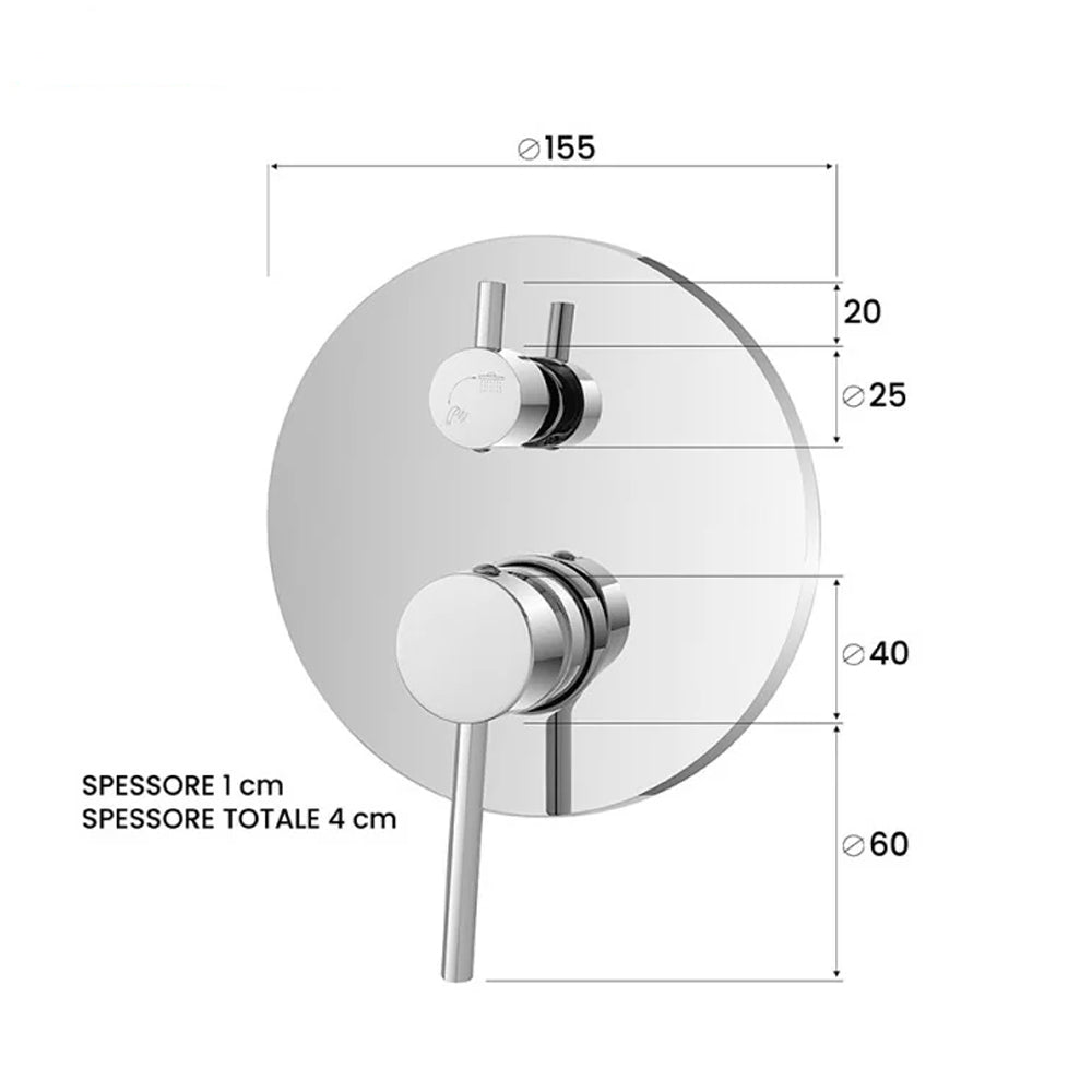 Miscelatore doccia ad incasso con deviatore a due vie in acciaio inox Rubiflux Serie Paris Modello Brillant - Cromato 2