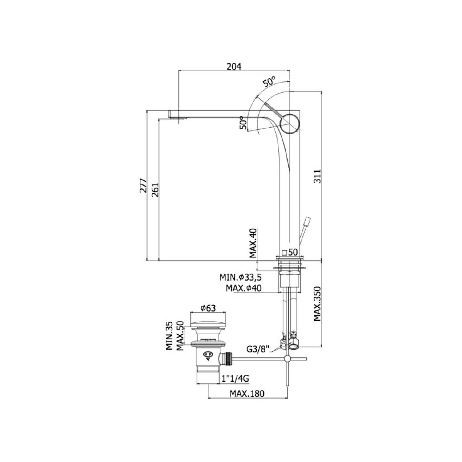  Miscelatore lavabo prolungato con scarico serie Rock modello RO085ST steel looking Paffoni by CeramicStore | Lo specialista del tuo bagno