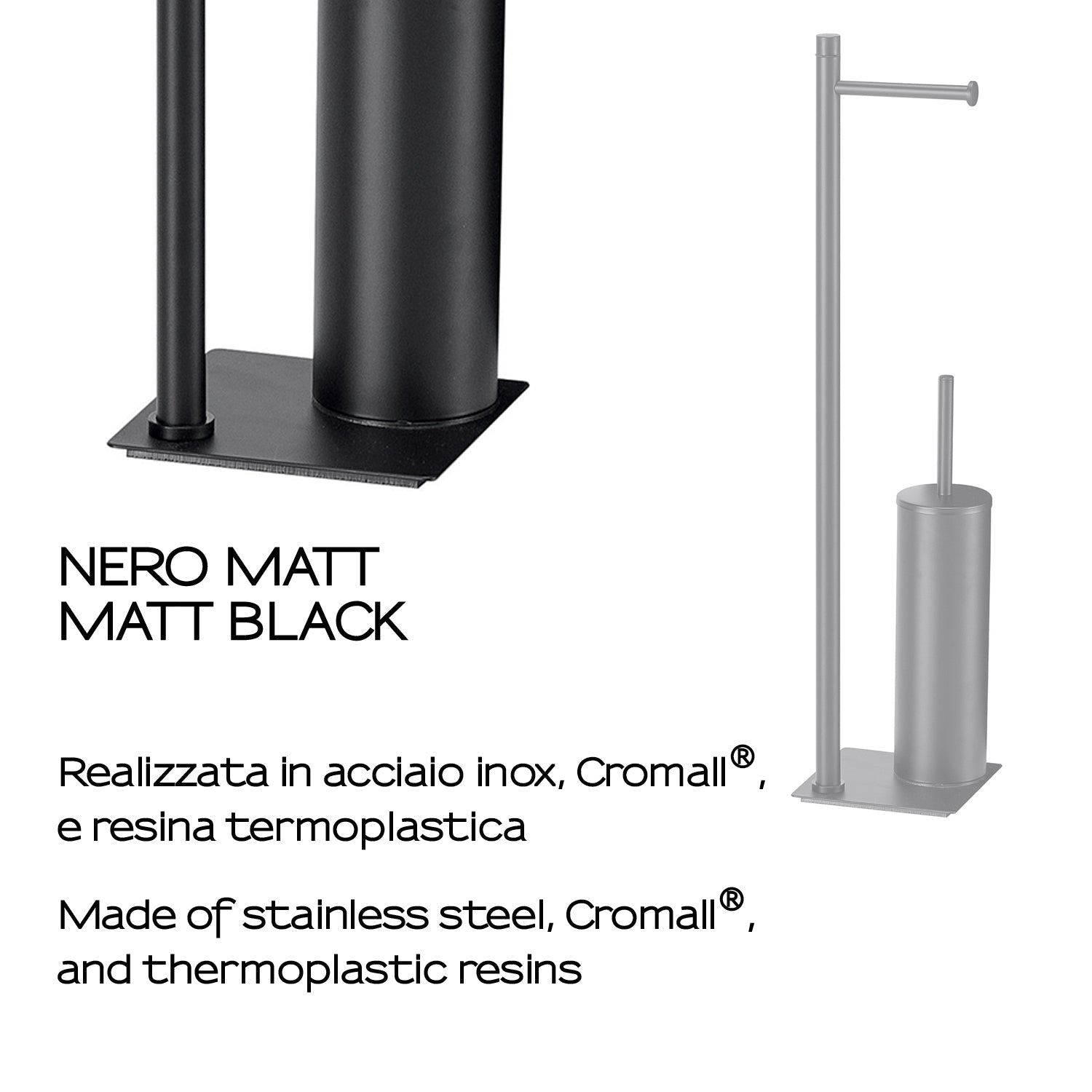  Piantana in Acciaio Inox con portarotolo e scopino Gedy serie Trilly - Nero Matt