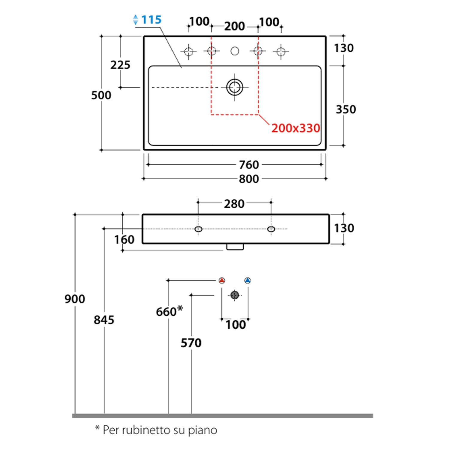  Lavabo Sospeso o da Appoggio di Ceramica Globo modello Classic 80x50