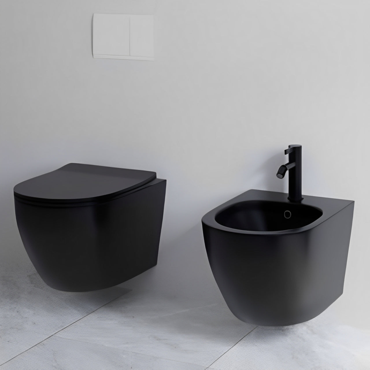 Sanitari sospesi senza brida con Copriwater Soft Close BathCore serie Aria 52x37 - Nero Opaco
