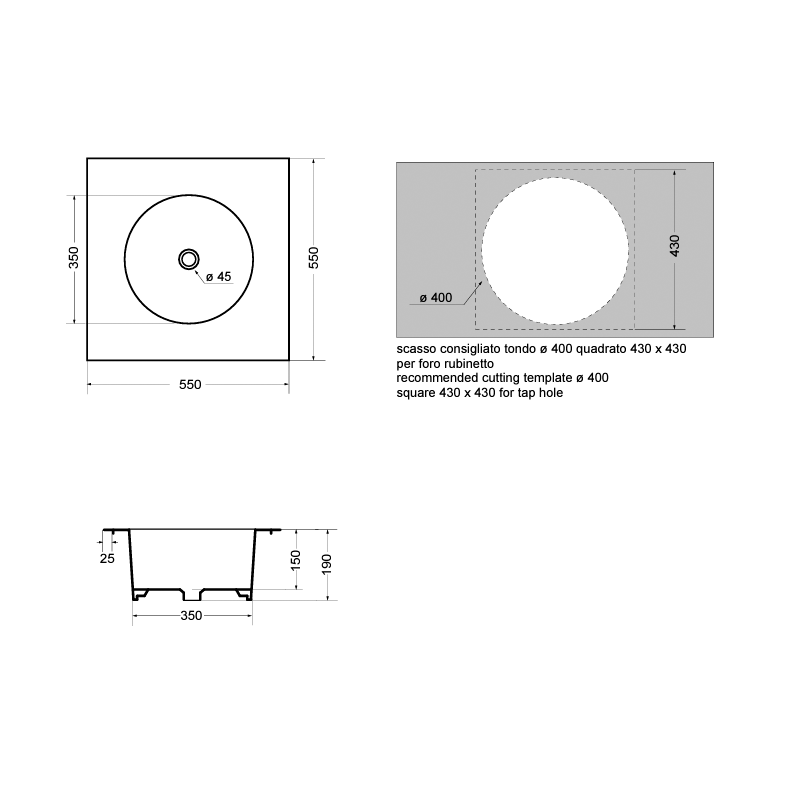  Lavabo da incasso quadrato con vasca tonda 55x55 cm profondo 19 cm AXA Ceramiche by CeramicStore | Lo specialista del tuo bagno