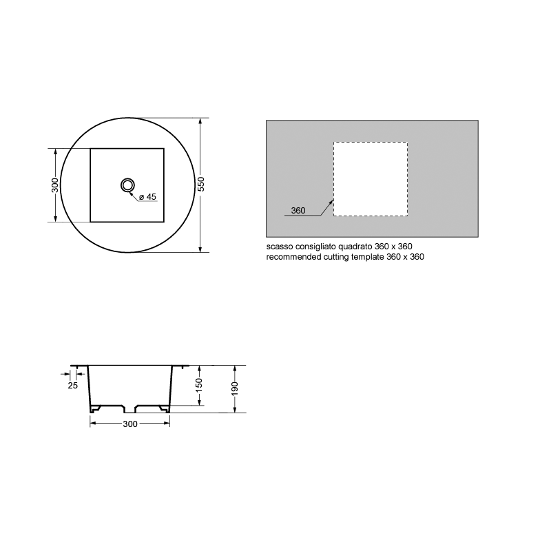  Lavabo da incasso Tondo diametro 55 cm con vasca quadrata profondo 19 cm AXA Ceramiche by CeramicStore | Lo specialista del tuo bagno