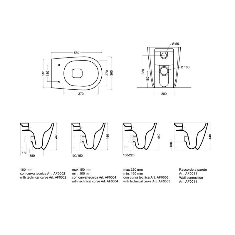  Sanitari Filomuro con scarico traslato collezione EVA wc senza brida + bidet + sedile soft close