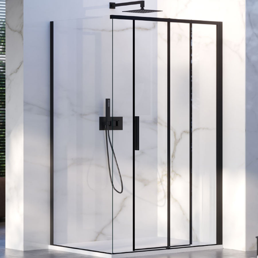 Box Doccia ad angolo 80x140 con lato fisso e porta scorrevole in cristallo 6 mm e profilo nero Versione Destra by CeramicStore | Lo specialista del tuo bagno