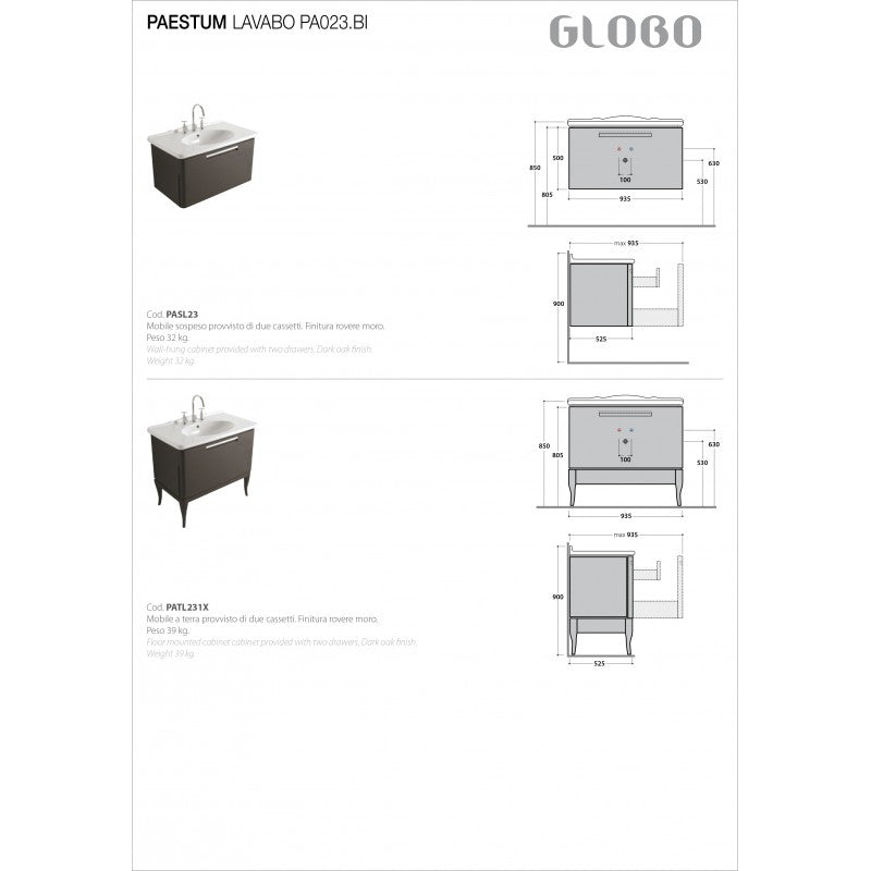  Lavabo sospeso 100x55 Ceramica Globo PAESTUM PA023.BI by CeramicStore | Lo specialista del tuo bagno