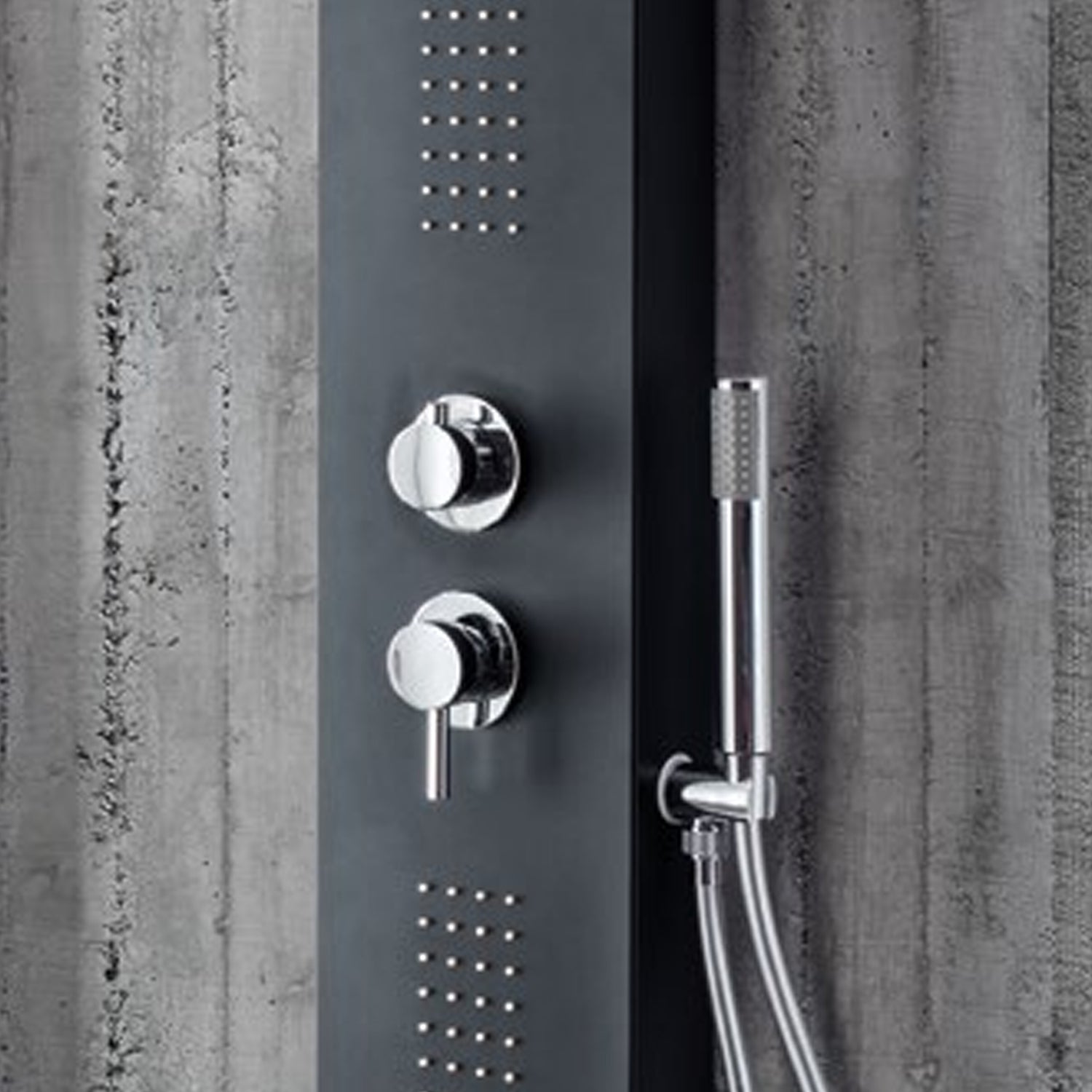 Pannello doccia idromassaggio a cascata Monte Baldo in alluminio verniciato nero. Miiscelatore incasso 4 vie 2