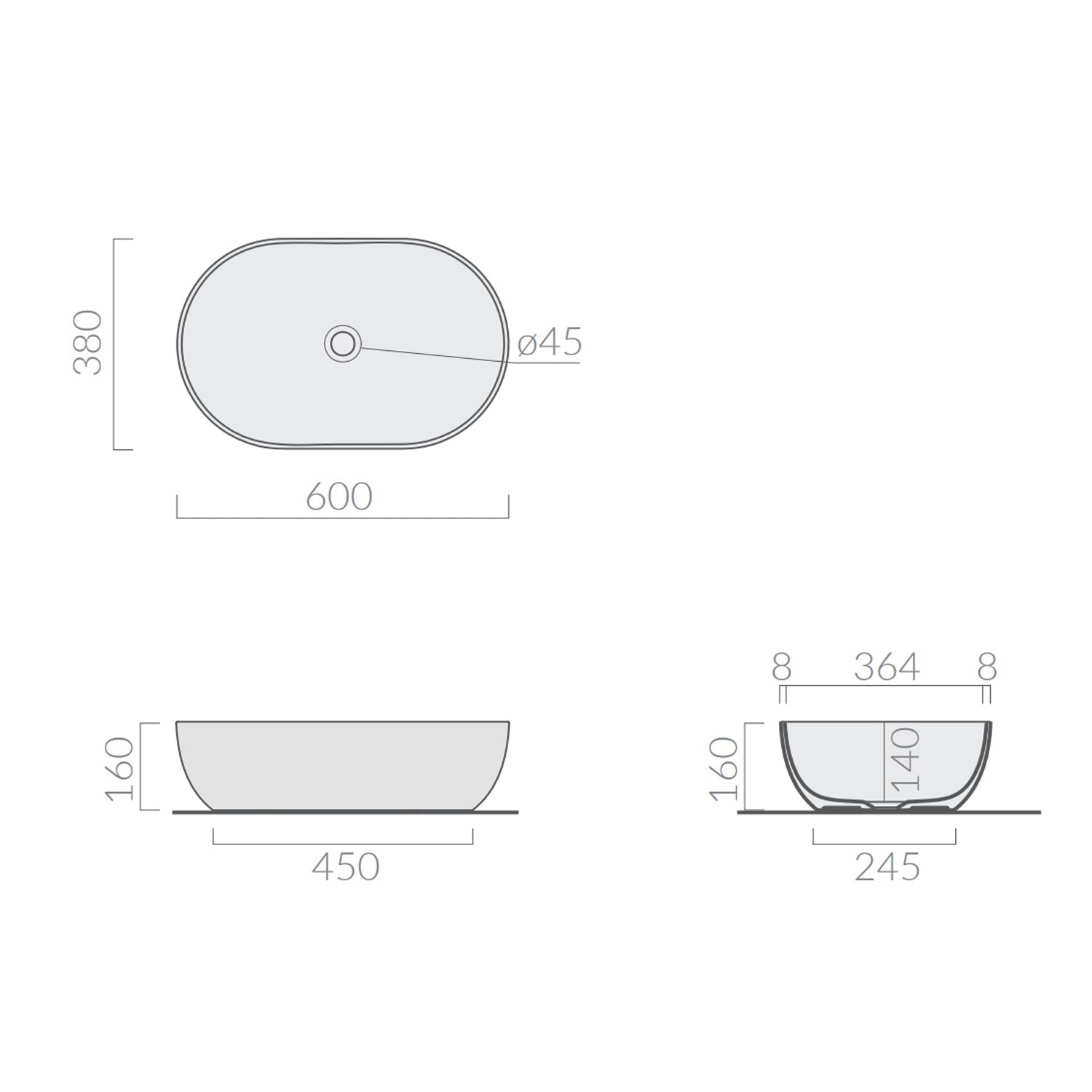  Lavabo da appoggio ovale cm 60x38 serie Dream di Ceramica Galassia Bianco Opaco