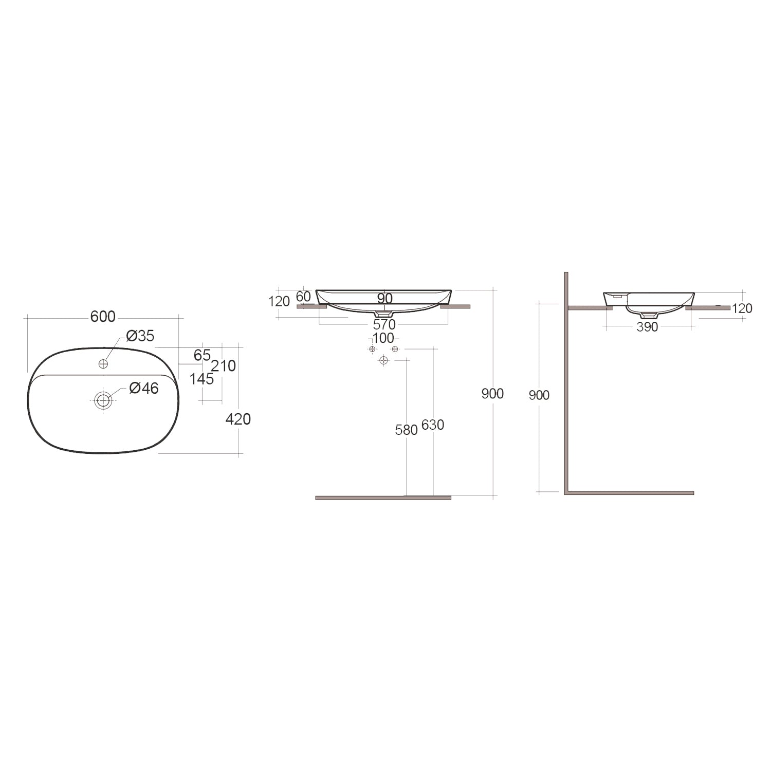 Lavabo ad incasso ovale allungato monoforo RAK 60x42 cm - Bianco 3