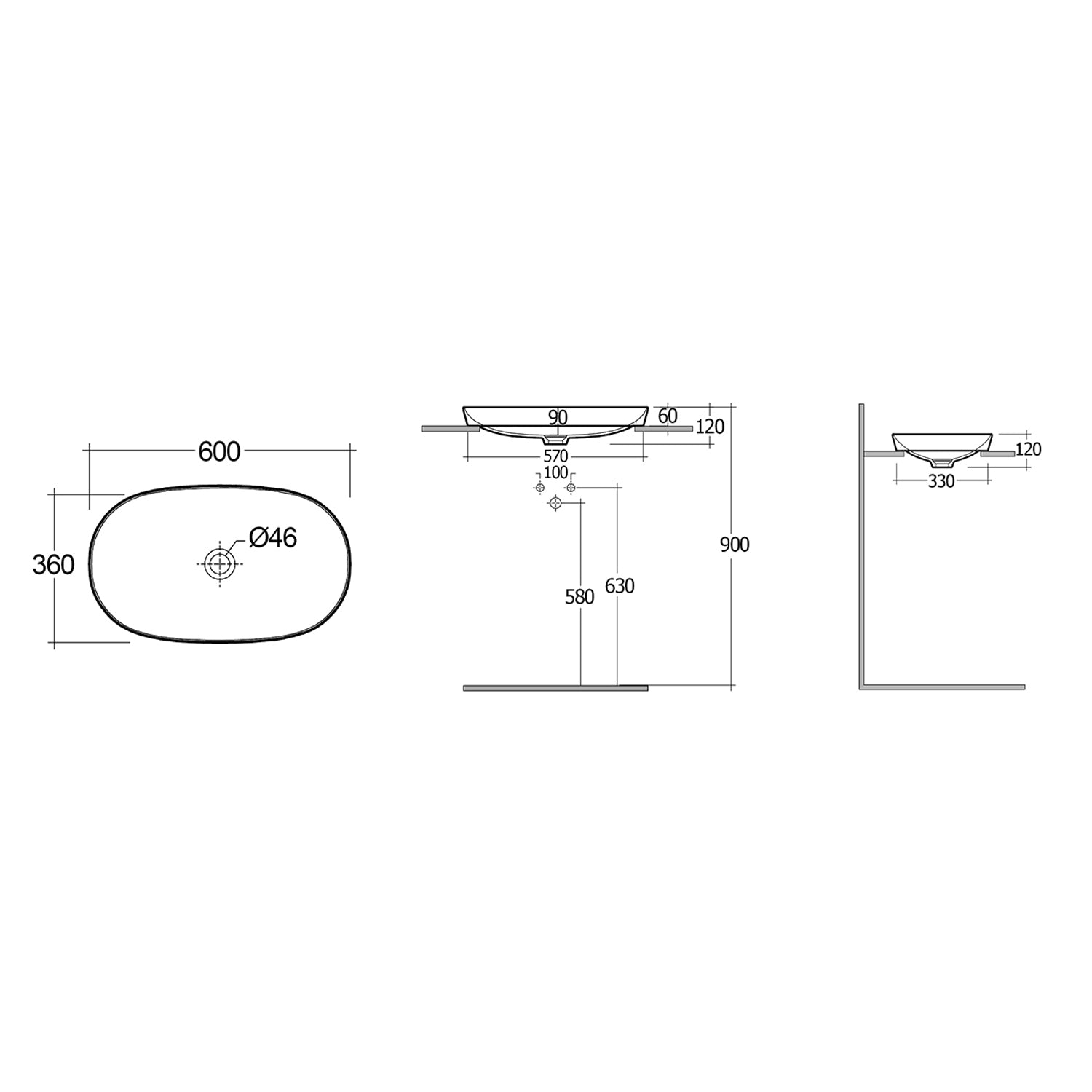 Lavabo ad incasso ovale allungato senza foro RAK 60x36 cm - Bianco 2