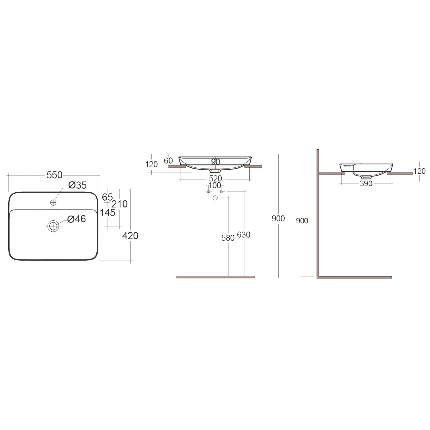Lavabo ad incasso rettangolare monoforo RAK 55x42 cm - Bianco 2