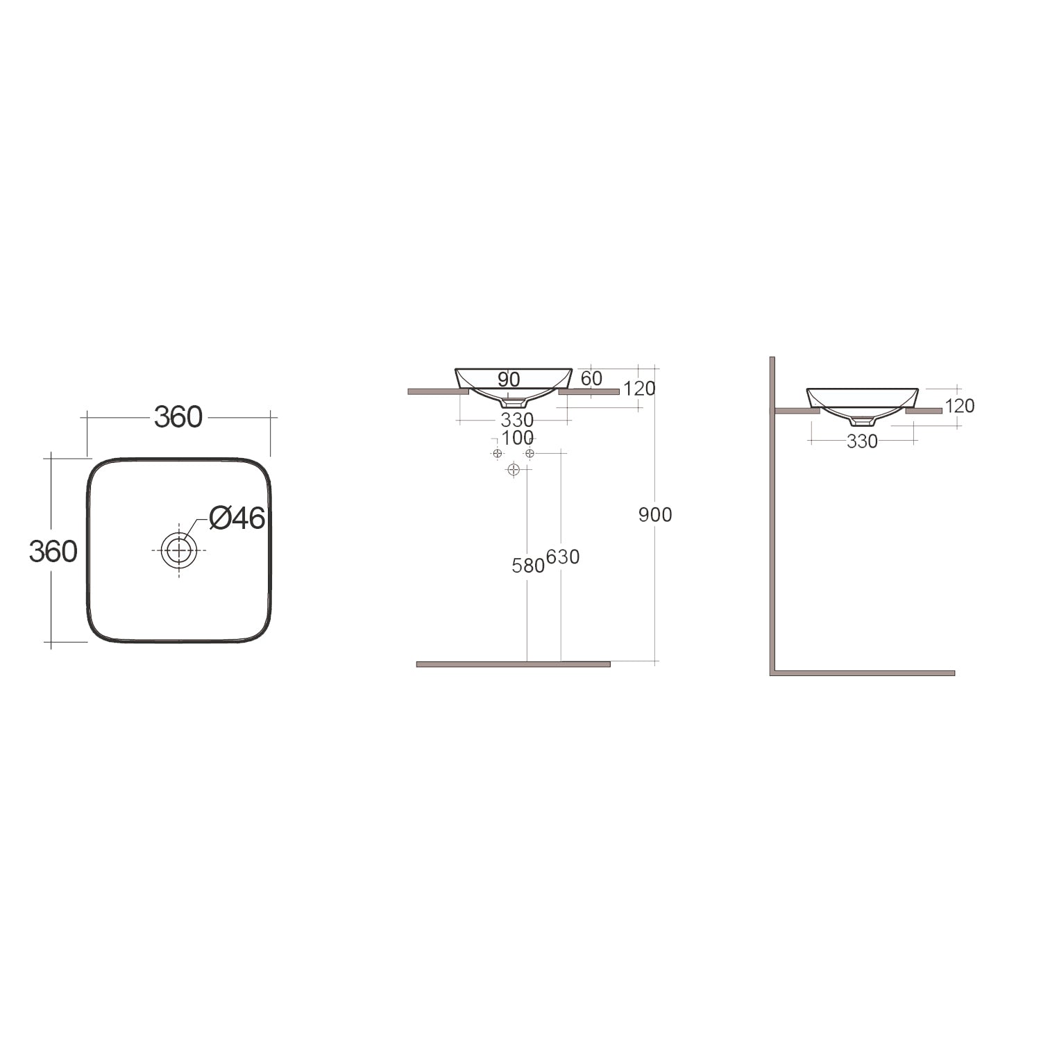 Lavabo ad incasso quadrato senza foro RAK 36x36 cm - Bianco 2