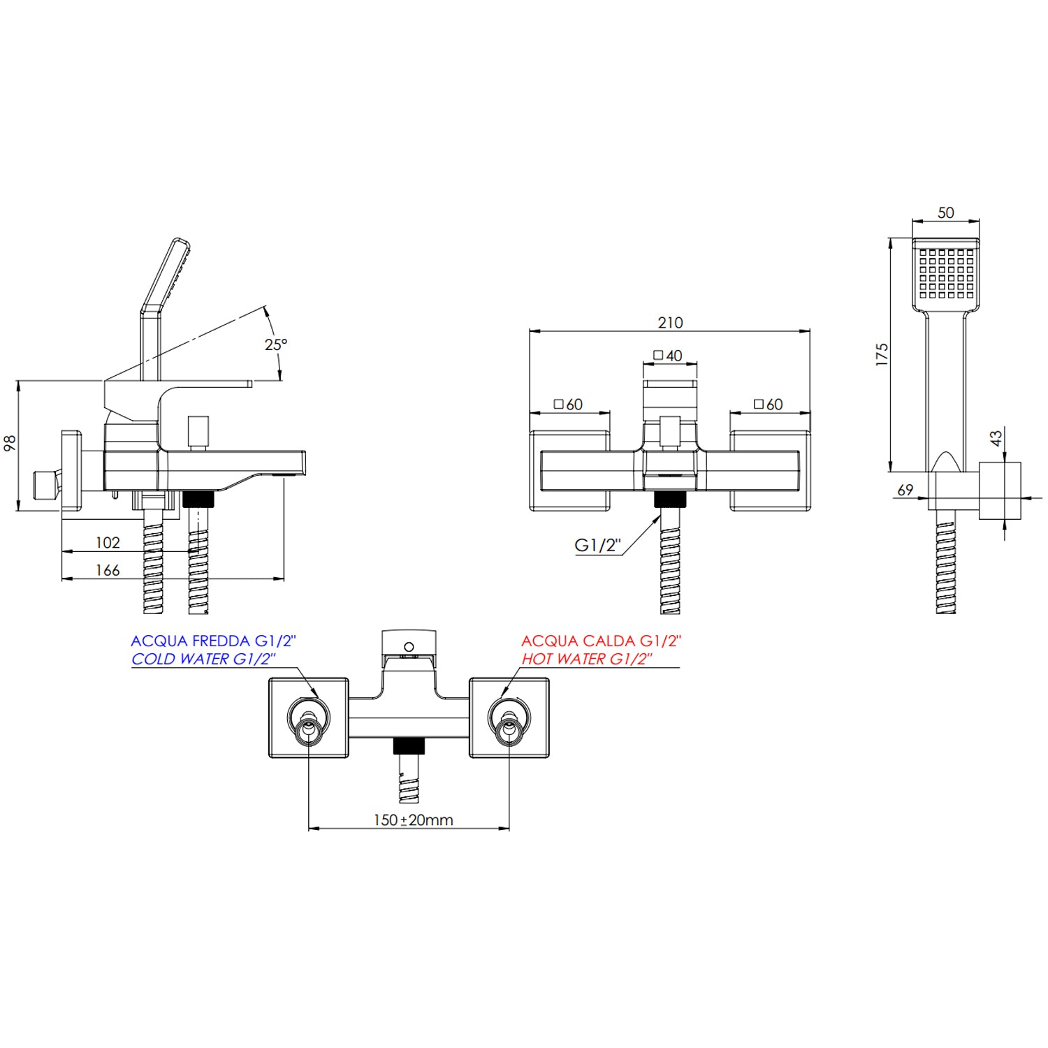 Kit rubinetteria lavabo, bidet con scarico e vasca Mariani serie Rebel - Cromo 6
