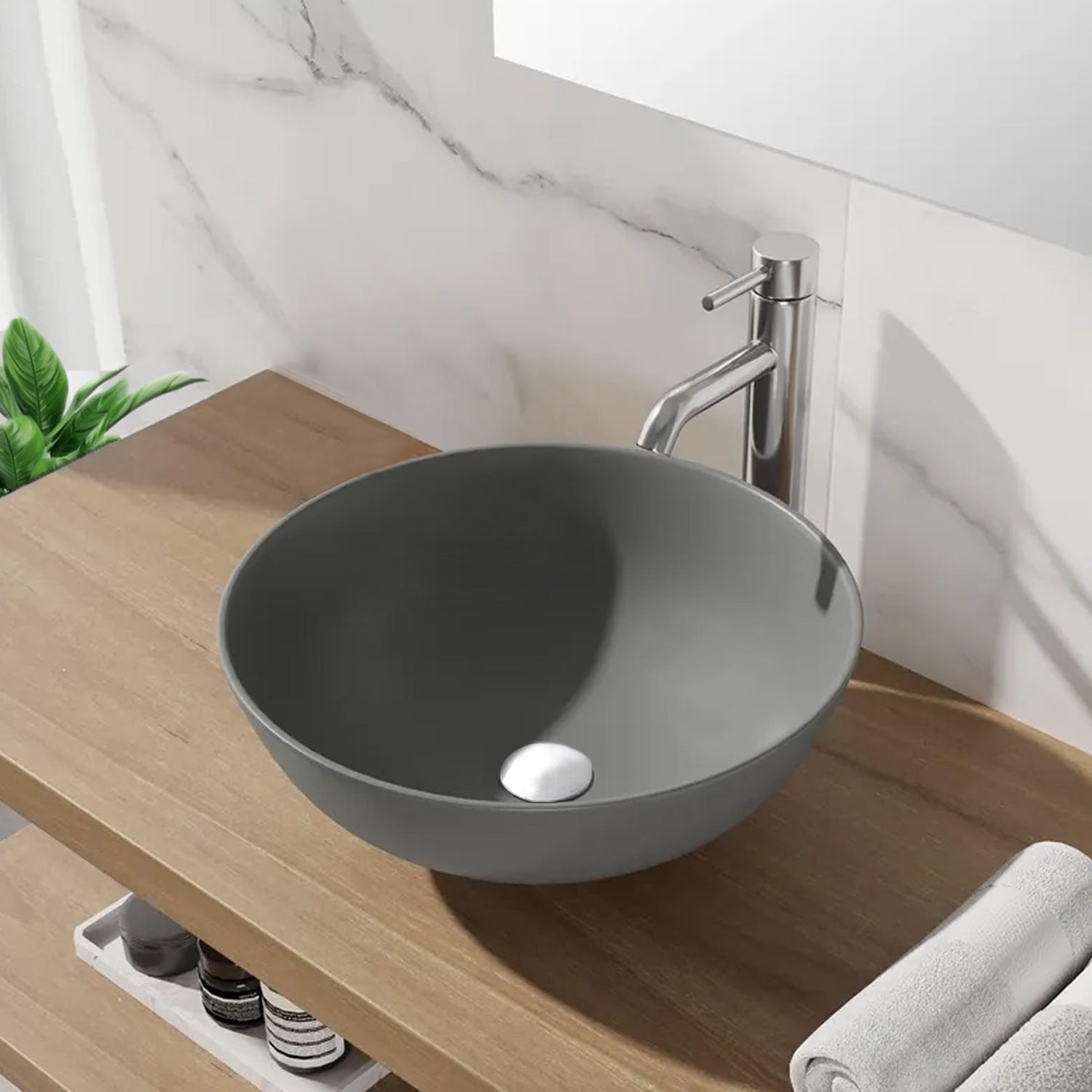 Lavabo da appoggio tondo BathCore serie Viva diametro 41,5 cm senza troppopieno - Grigio opaco