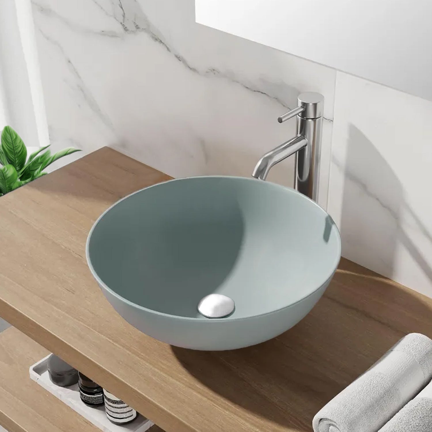 Lavabo da appoggio tondo BathCore serie Viva diametro 41,5 cm senza troppopieno - Celeste