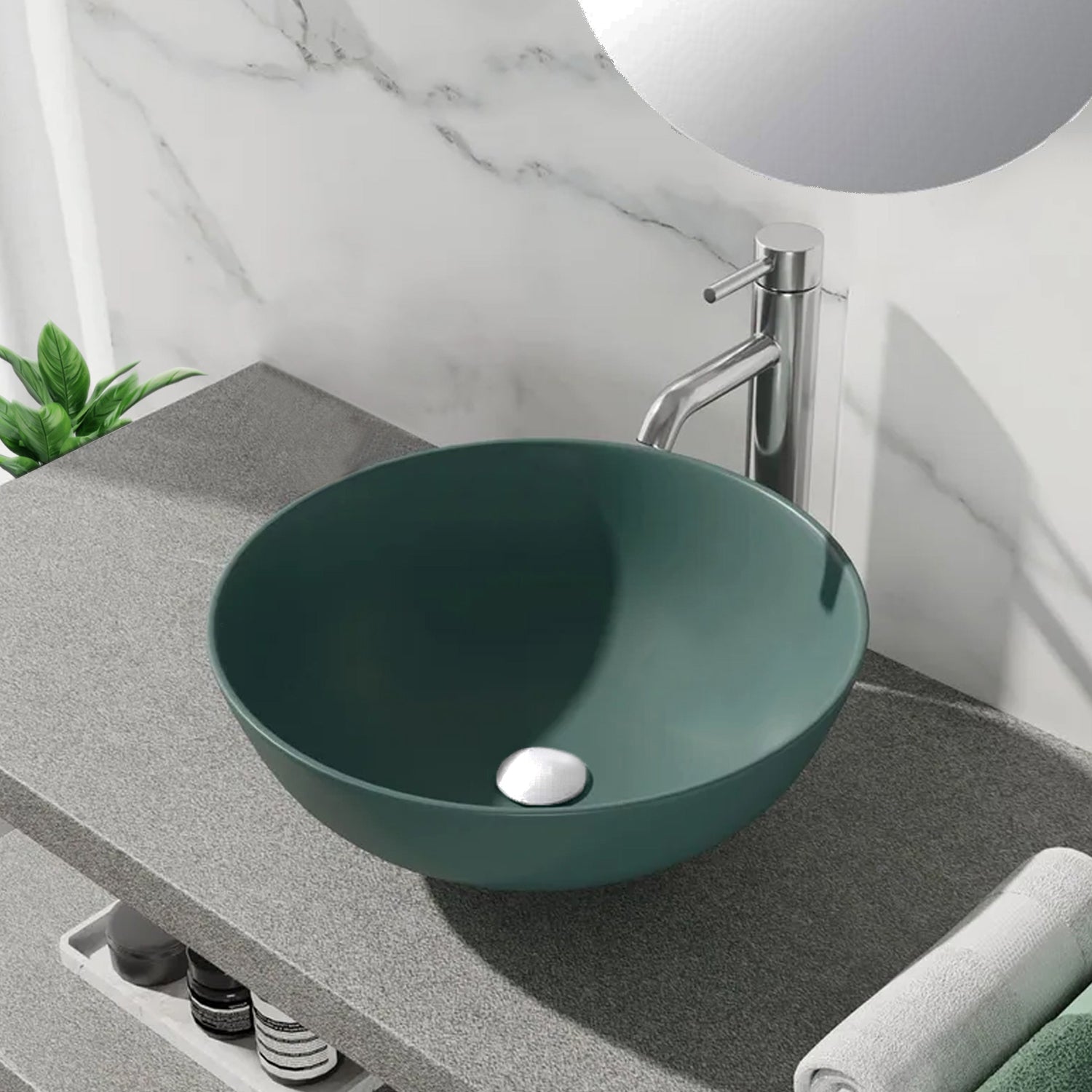 Lavabo da appoggio tondo BathCore serie Viva diametro 41,5 cm senza troppopieno - Verde opaco