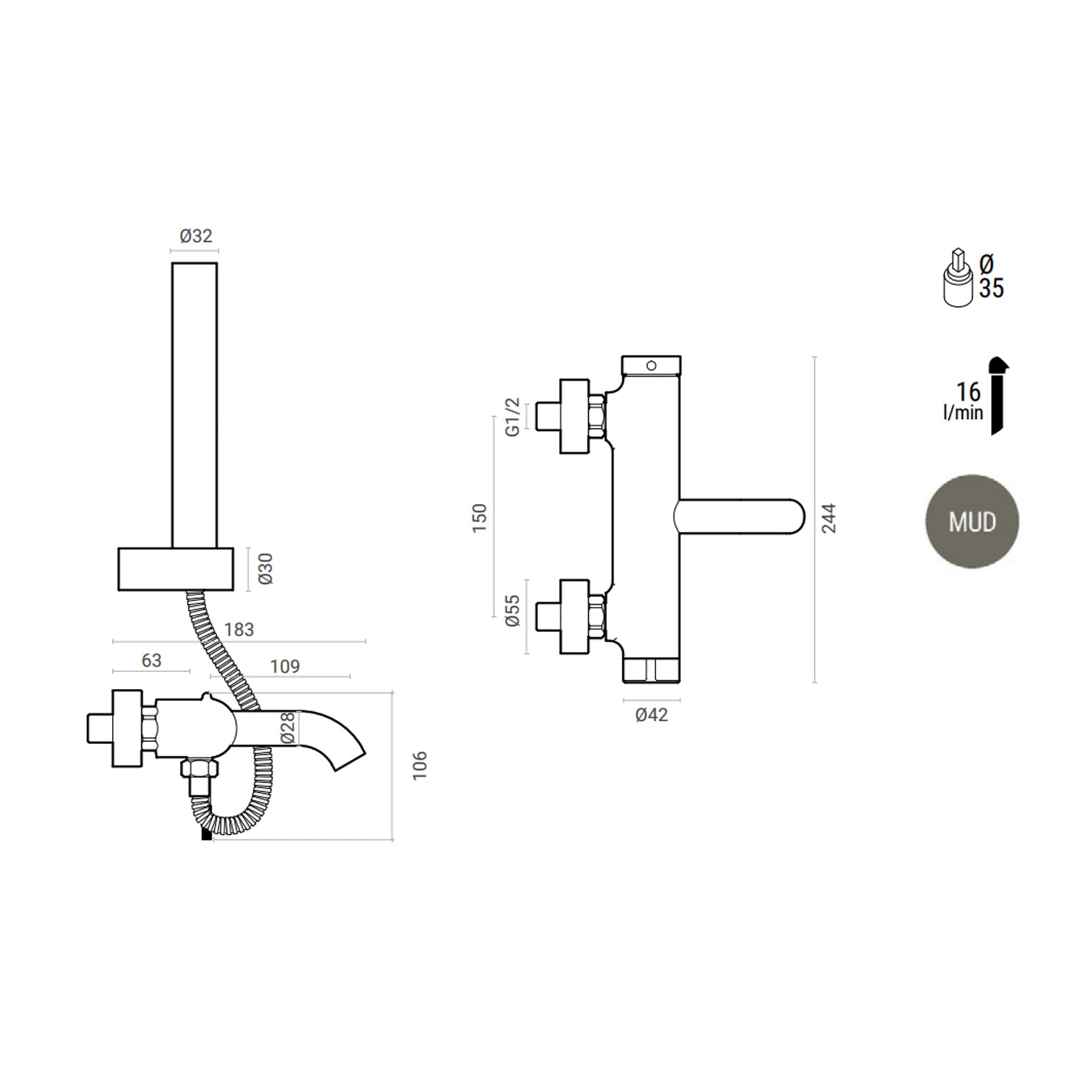 Miscelatore monocomando per vasca con kit doccino, eccentrici e rosoni RubiFlux York Mud - Grigio fango 2