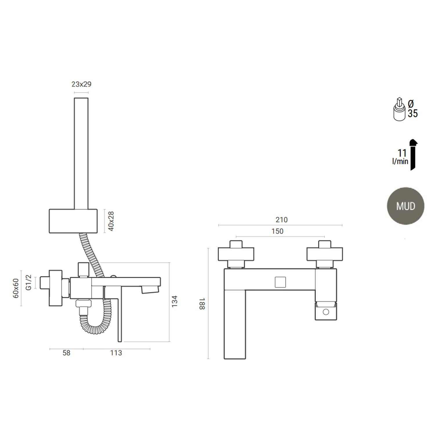 Miscelatore monocomando per vasca con kit doccino, eccentrici e rosoni RubiFlux Square Mud - Grigio fango 2
