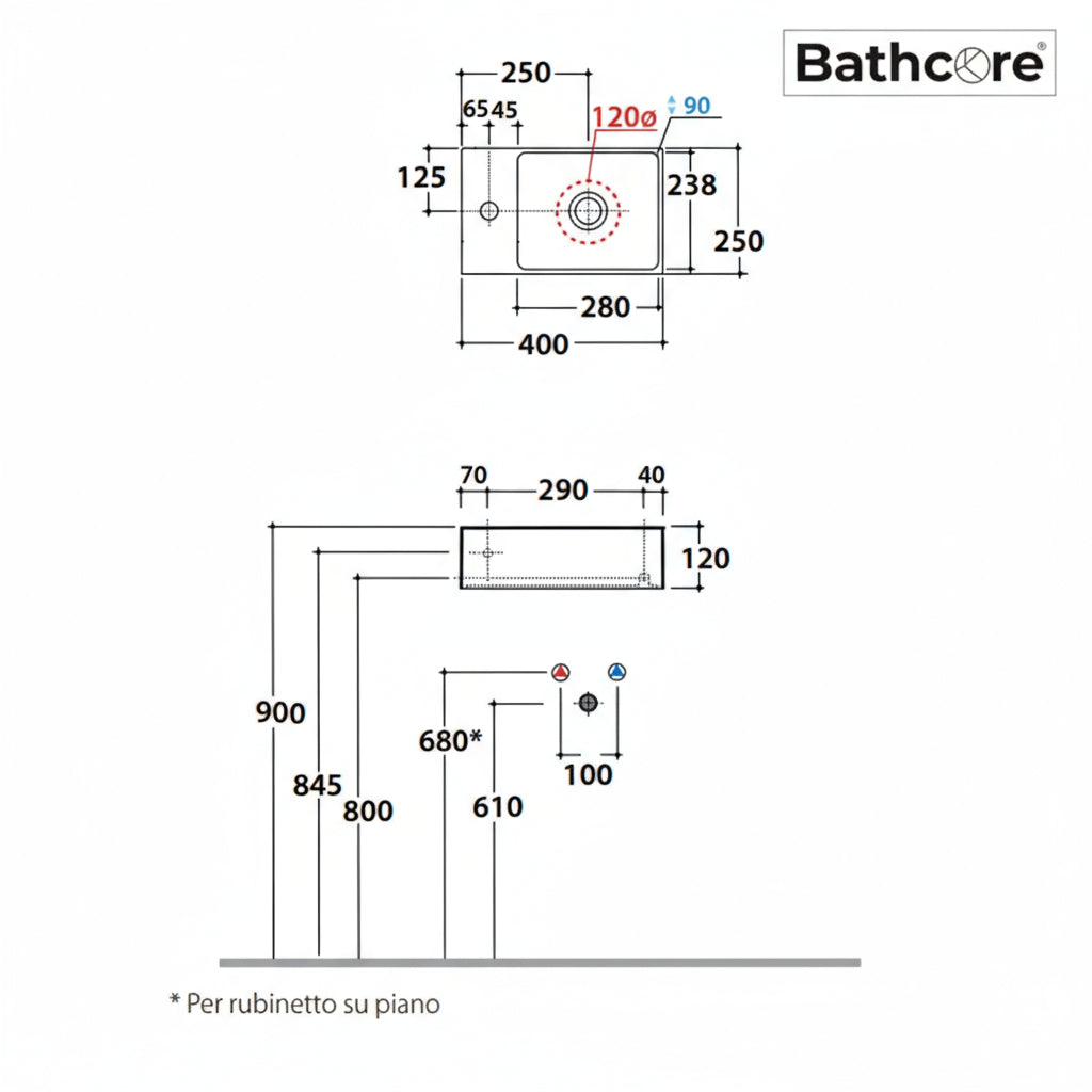 Lavabo da appoggio o sospeso T-Edge  40x25 cm ceramica bianca lucida - Foro sinistra