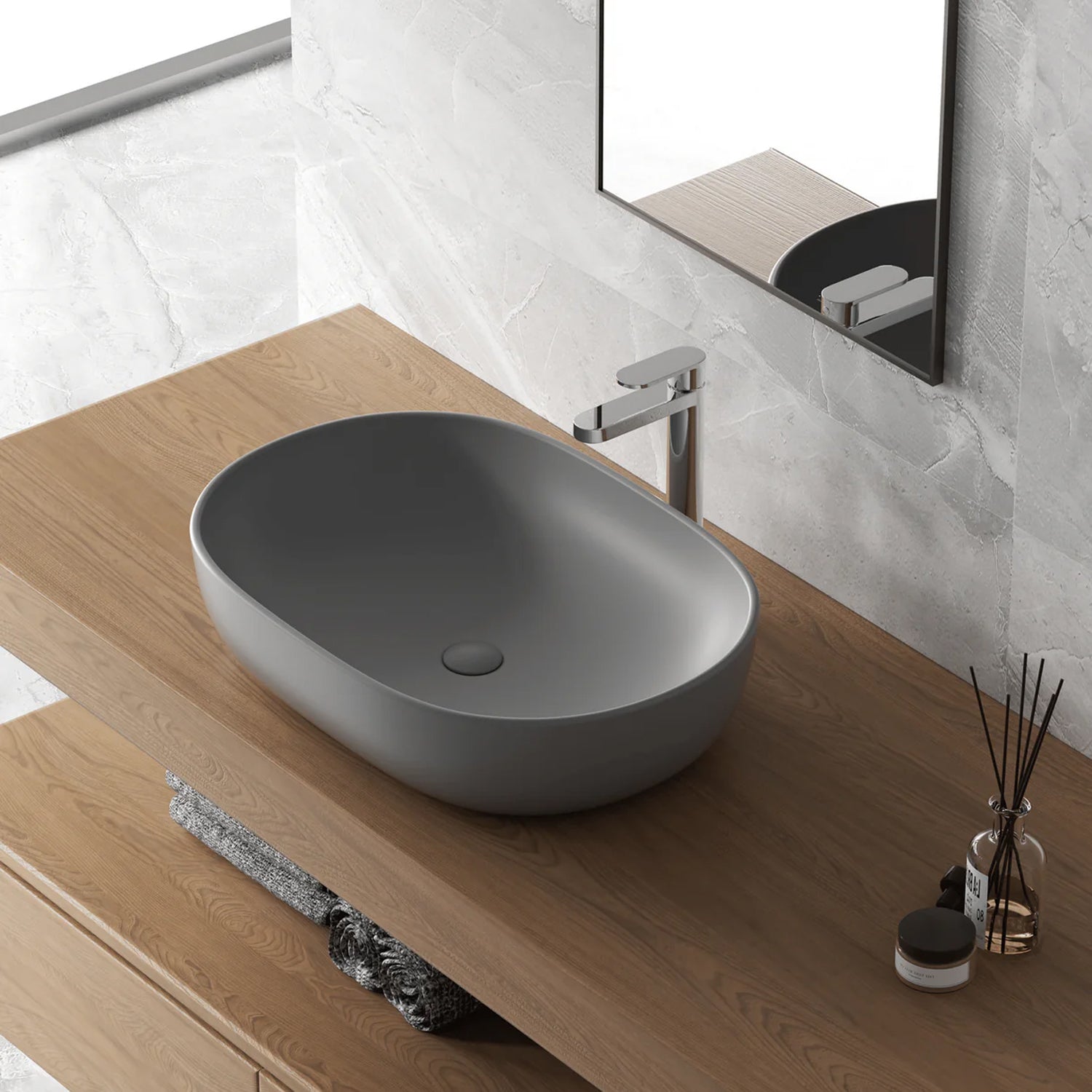 606182 - Lavabo da appoggio Bathcore in ceramica 60 cm - Grigio scuro opaco