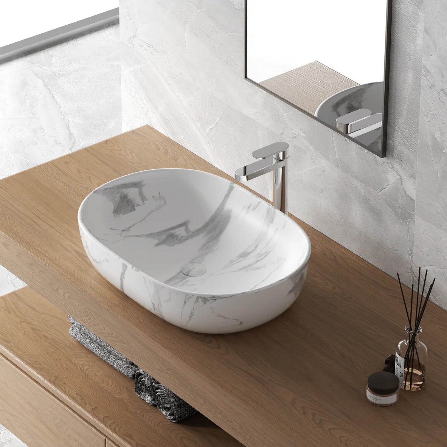 606190 - Lavabo da appoggio Bathcore in ceramica 50 cm - Marmorizzato bianco