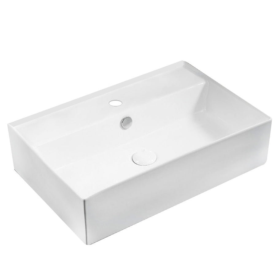 Lavabo d'appoggio rettangolare in ceramica bianca con foro troppo pieno e foro rubinetto cm 59