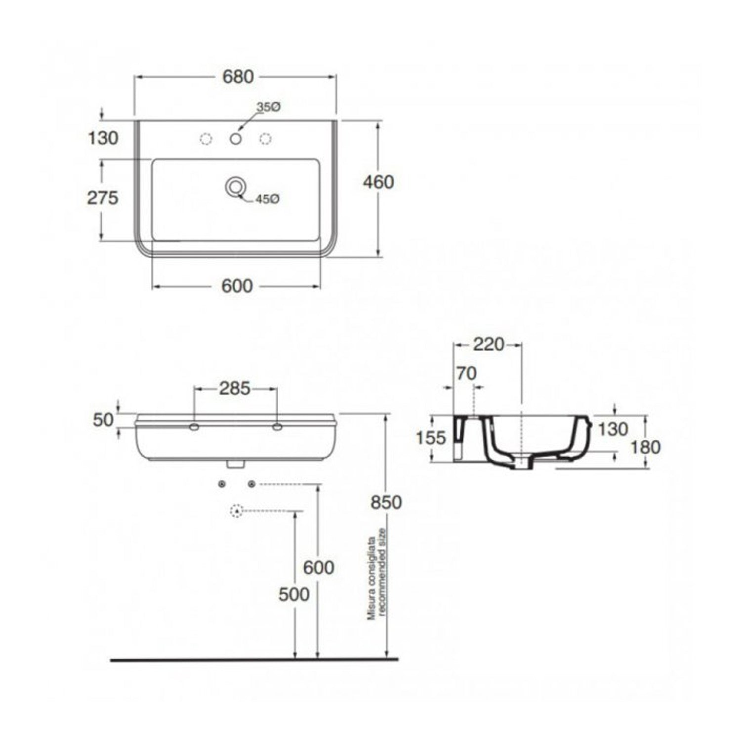  Lavabo sospeso 68 cm Azzurra modello Charme in ceramica
