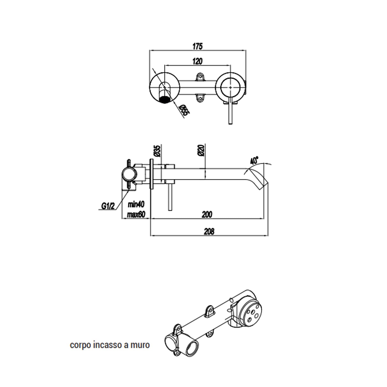  Miscelatore monocomando lavabo murale RubiFlux serie Regal canna 20 cm - Cromo by CeramicStore | Lo specialista del tuo bagno